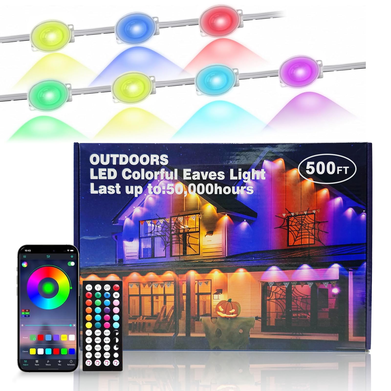 JZVGEN Permanent Outdoor RGB Light, 500FT, IP67 Waterproof, Remote/App Control, 250 LED, Multicolor, Model WWST-150A