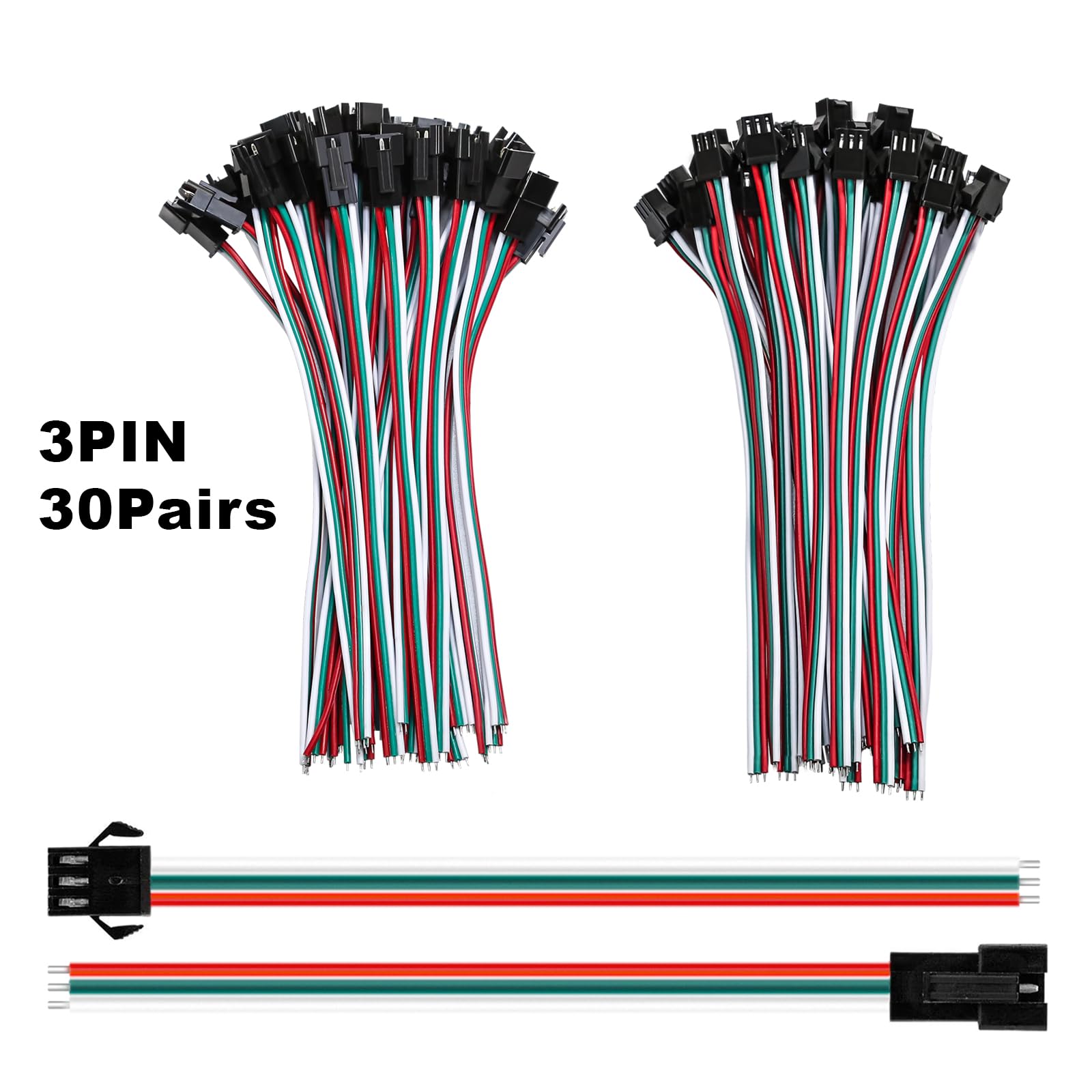 Visdoll 30 Pairs Jst Sm 3 Pin Connectors 15Cm 20Awg Wire Female/Male Led Connector For Ws2812B Ws2811 Ws2812 Ws2814 Sk6812 Cct Led Strip Light