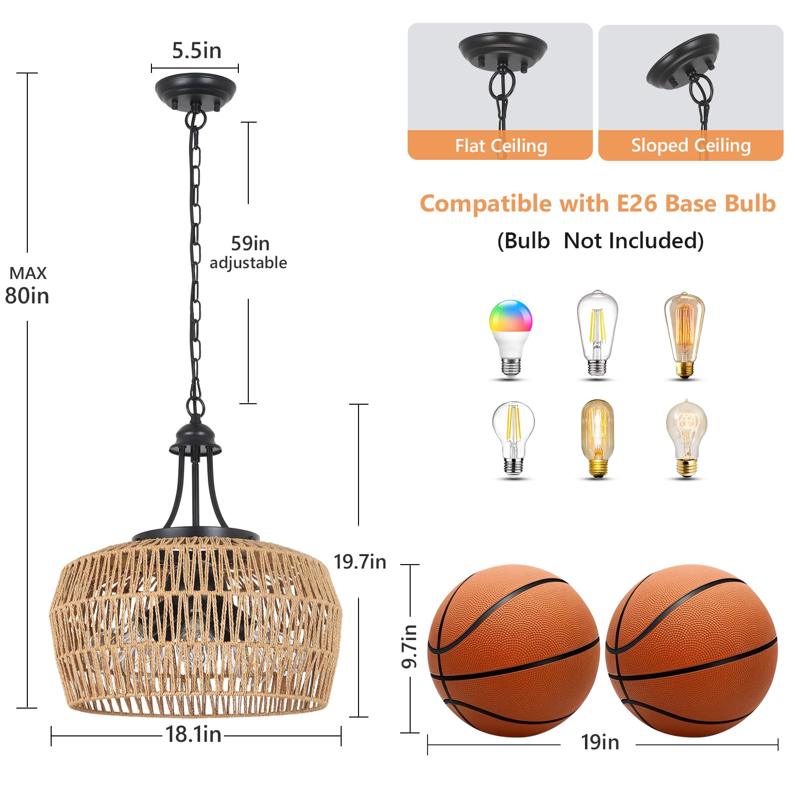 HMVPL 5-Light Rattan Boho Chandelier - Brown Wicker Pendant Light for Dining Room, Kitchen Island, Living Room - Model 230803A1