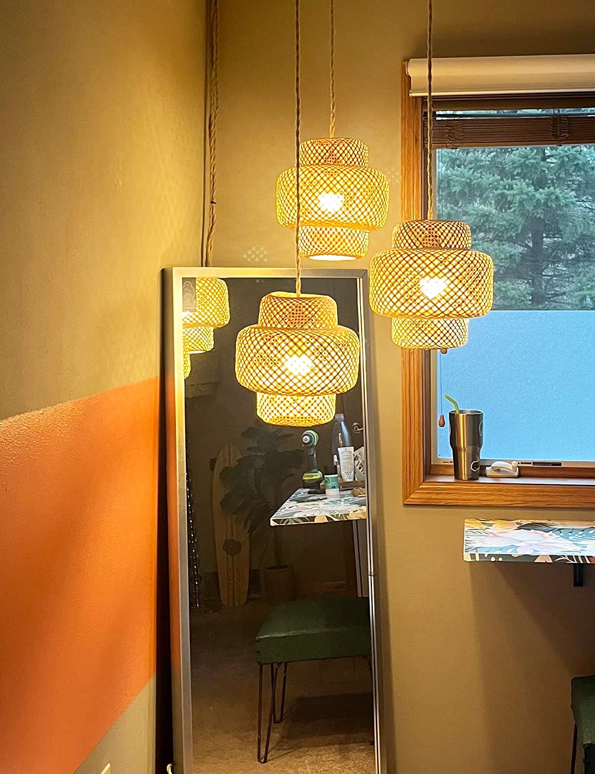 QIYIZM Plug in Pendant Light Bamboo Woven Shade Dimmable Hanging Lamp for Living Room Bedroom Kitchen, Size: Pendant Light-2
