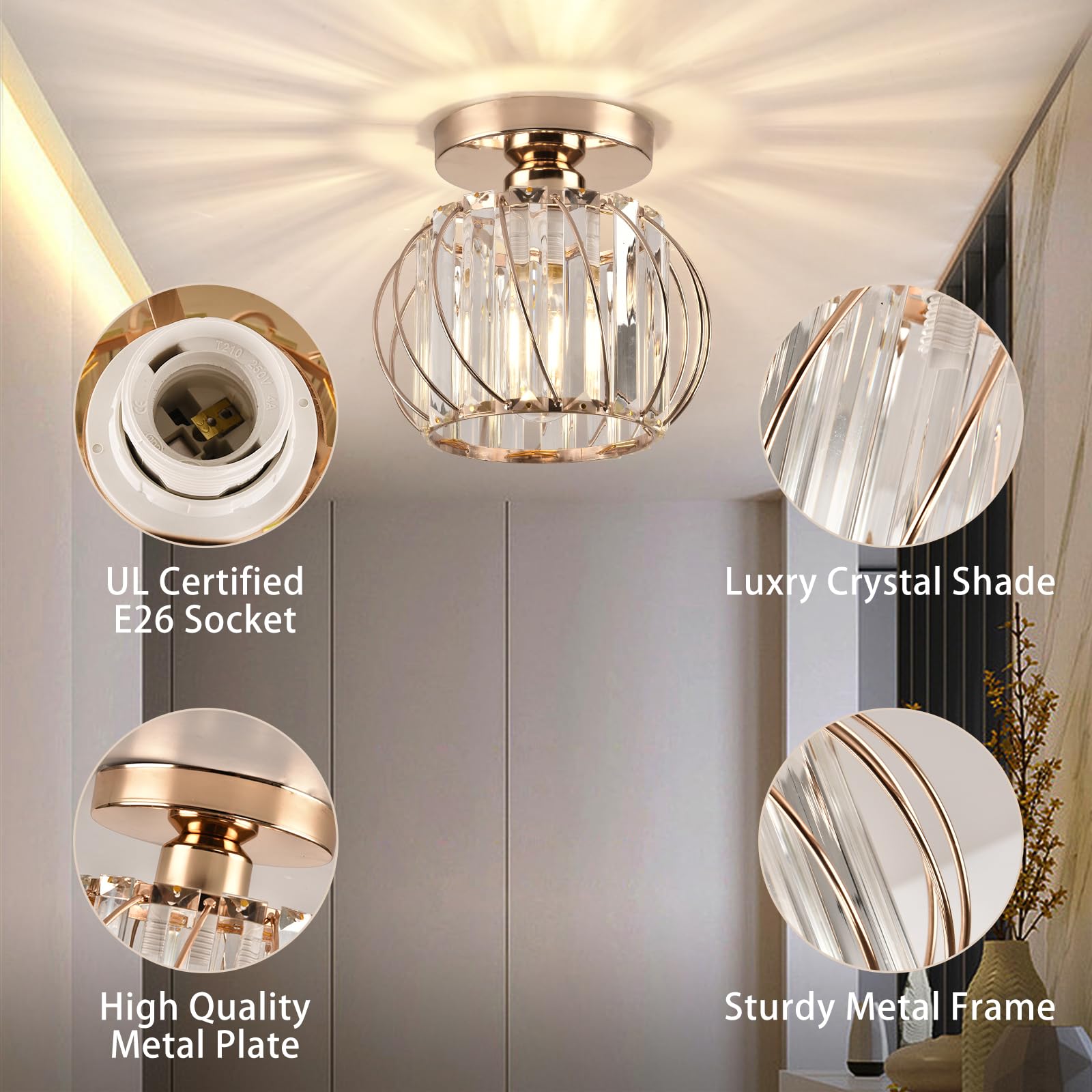 Ztuoyong Crystal Ceiling Light, Crystal Semi Flush Mount Ceiling Light Gold Crystal Chandelier For Kitchen Hallway Entrance Balc