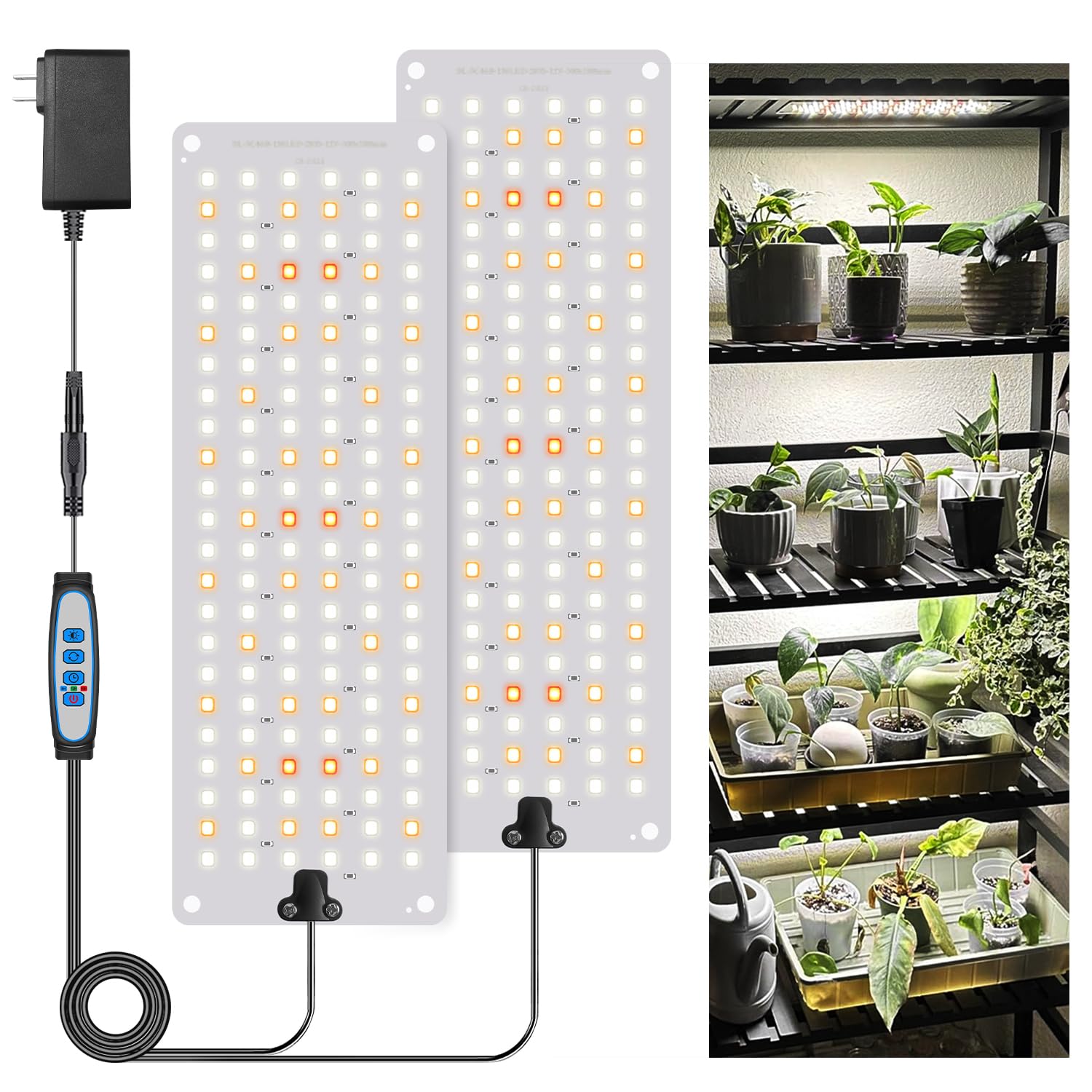 Garpsen Grow Lights for Indoor Plants - 276 LEDs, Full Spectrum, Auto Timer, 3 Color Modes, 5 Dimmable Levels, 24W, Silver, 2 Panels
