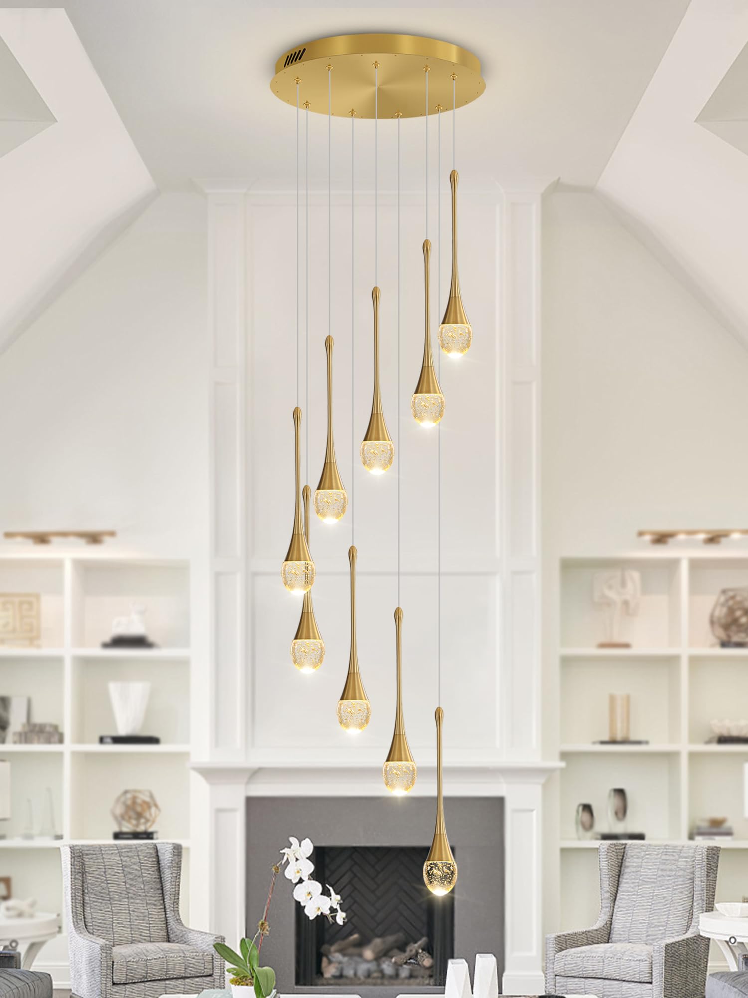 Ykolupty H100'' Modern Chandelier 9-Lights Gold Foyer Entrance Chandeliers High Ceiling Chandelier Led Dimmable 2700-6000K Fixtures