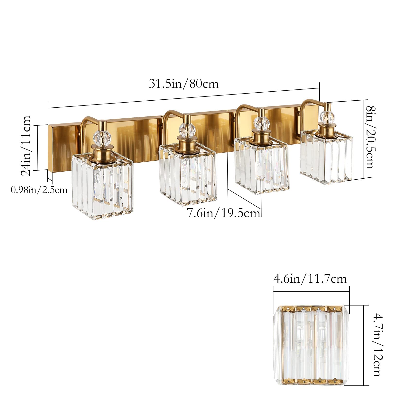 Ralbay Crystal Gold Vanity Lights 4-Lights Metal 31.5in  Square-Brass Model 8606