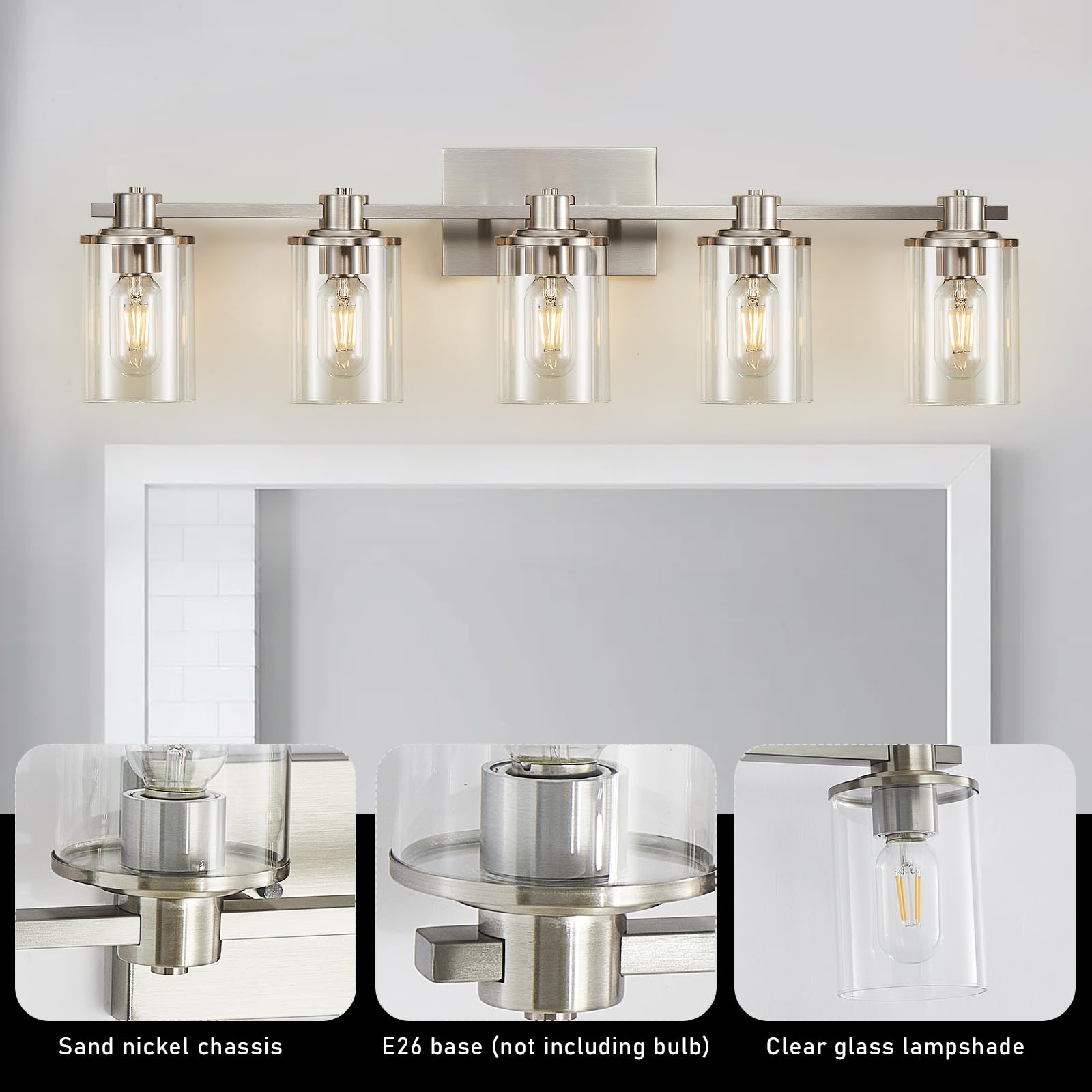 Dujahmland 5-Light Brushed Nickel Bathroom Vanity Light Fixture With Clear Glass Shade