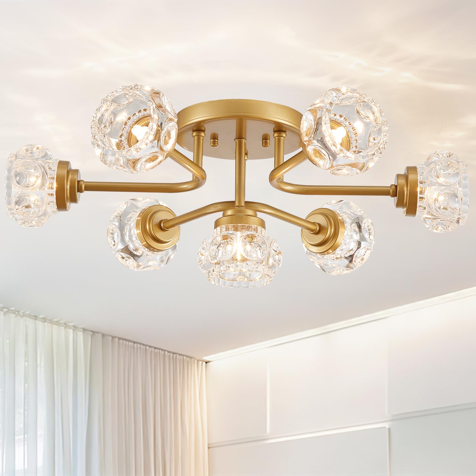 Xingqi Gold Sputnik Semi Flush Mount Ceiling Light Fixture, 7-Light Mid Century Dining Room Chandelier Farmhouse Chandelier Roun