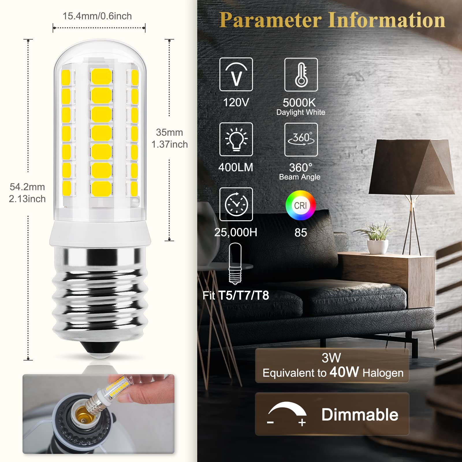 DiCUNO E17 LED Bulb, Dimmable, Daylight White 5000K, 3W (40W Halogen Replacement), 400LM, 2 Count