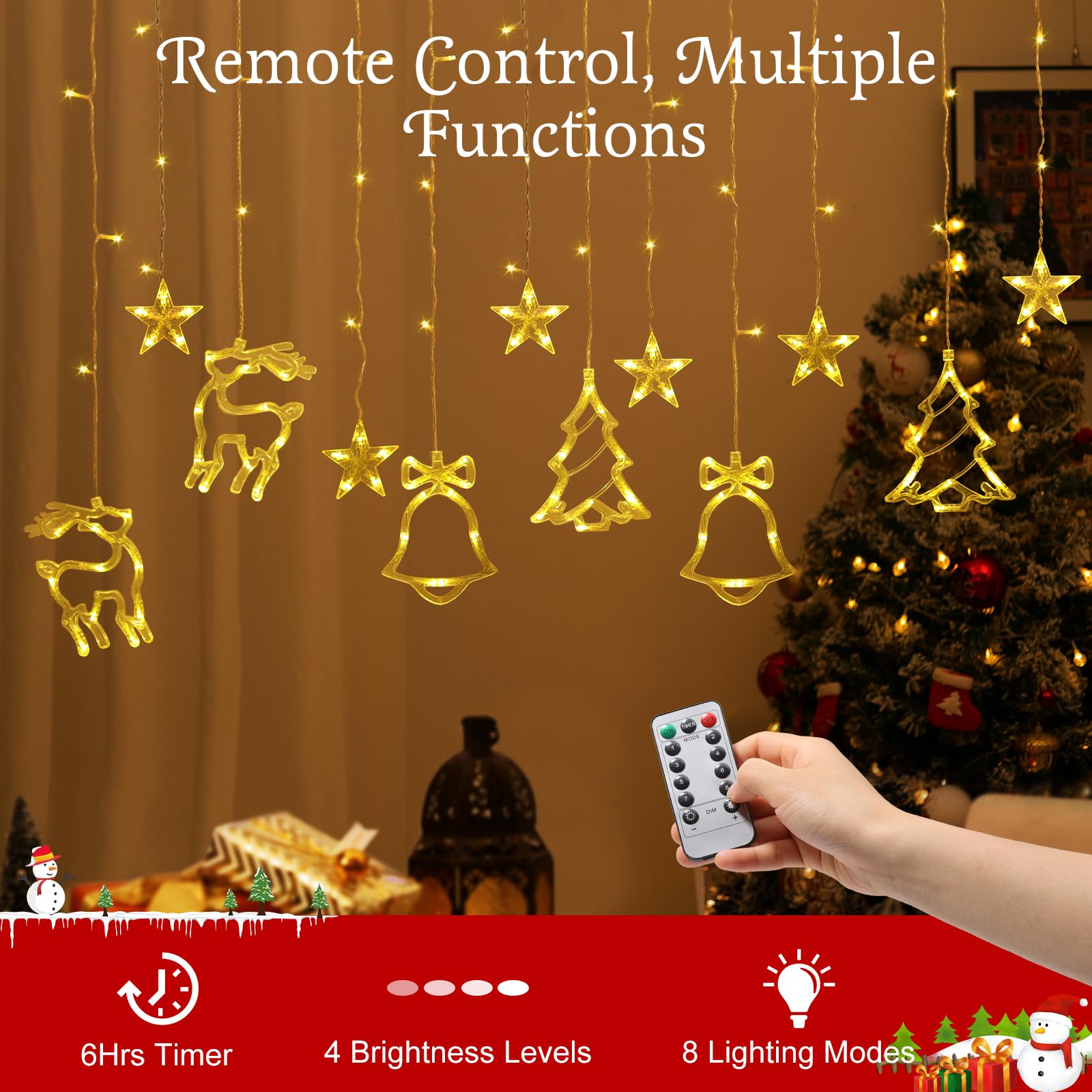 Lewondr Reindeer Bell Christmas Curtain Lights, 138 Led Christmas Tree Hanging Home Lights With 6H Timer & 8 Modes, Usb Powered Fairy Lights, Xmas Decor For Home Party Indoor,Warm Light