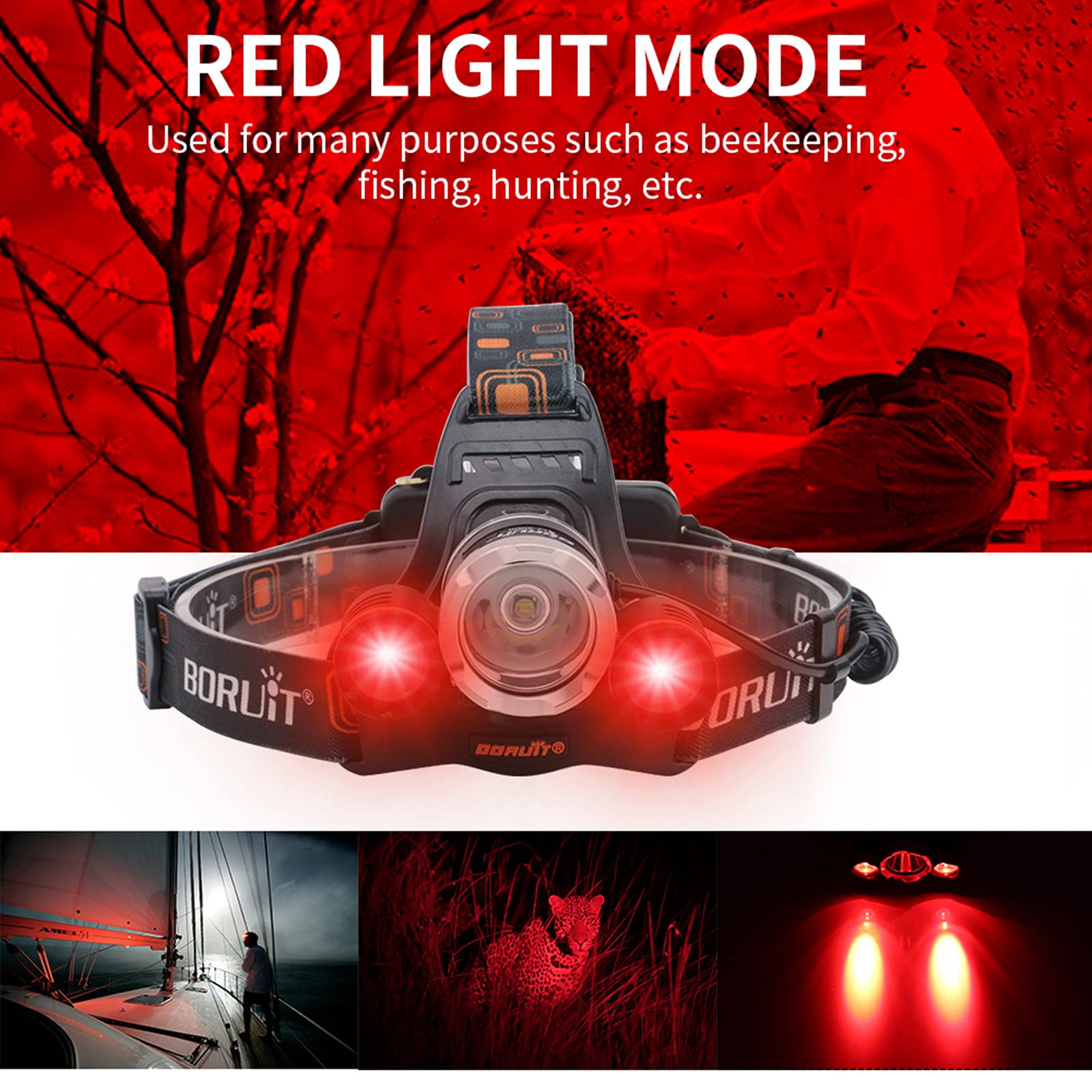 BORUIT RJ-3000 LED Headlamp - 5000 Lumens, 3 Modes, Rechargeable, Black, White & Red Light for Running, Camping, Hiking, Fishing
