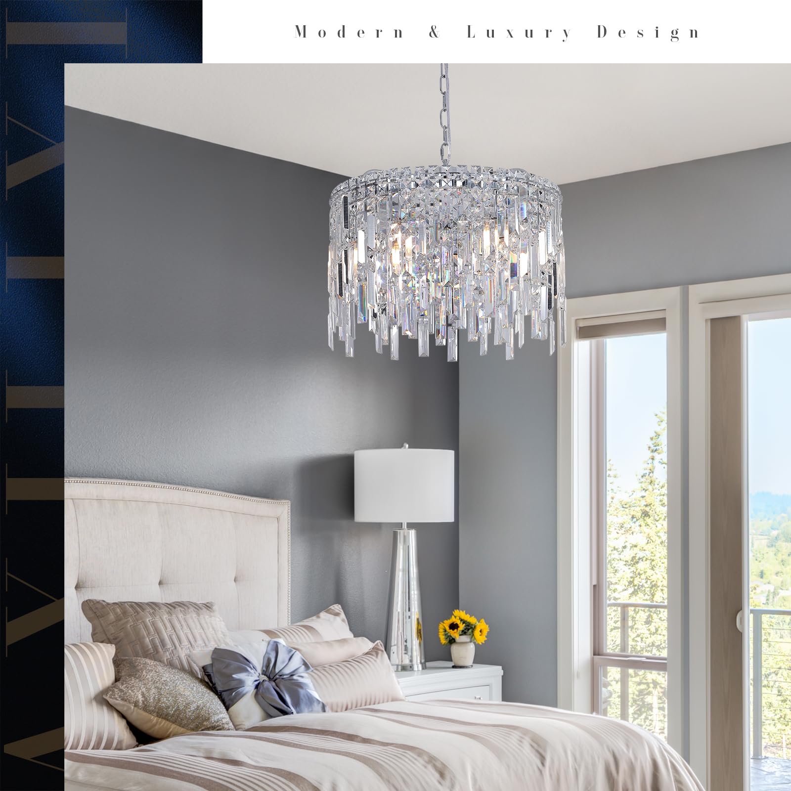A Axilixi Round Crystal Chandelier Modern 20'' Drum Chandelier With Chain Chrome Adjustable K9 Raindrop Crystal Ceiling Pendant