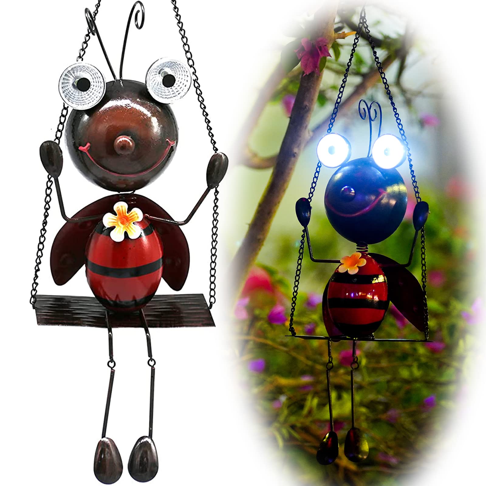 Gdf Solar Lady Bugs Swing Metal Ladybug Hanging Animal Garden Decor Waterproof Solar Lights Decorative Outdoor Lights For Outside Patio Balcony Pathway Lawn Yard,Gifts For Her/Him