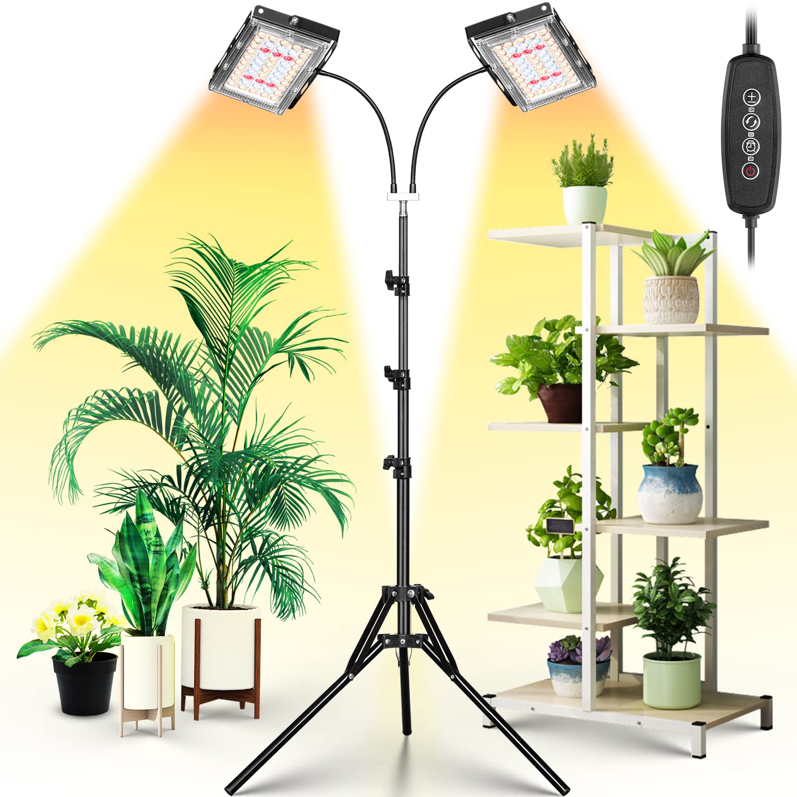LBW Grow Light for Indoor Plants, 200W LED, Dual Heads, Auto Timer, 6 Dimmable Levels, Adjustable Tripod Stand, Medium-Dual Head Timer