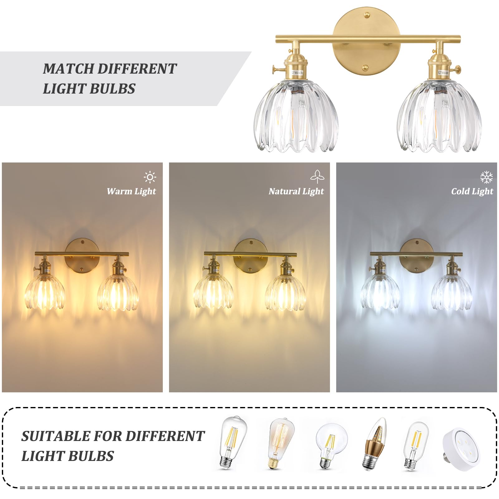 Shenmoyl 2-Light Bathroom Vanity Wall Light, Brass with Clear Tulip Glass Shade, Hardwired, Model 1-9325