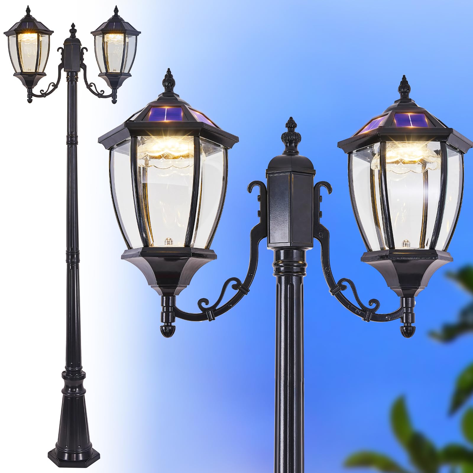 GYDZ 2-Heads Outdoor Solar Lamp Post Lights with Dusk to Dawn Sensor, Classic Exterior Solar Pole Lights with Waterproof, Black 