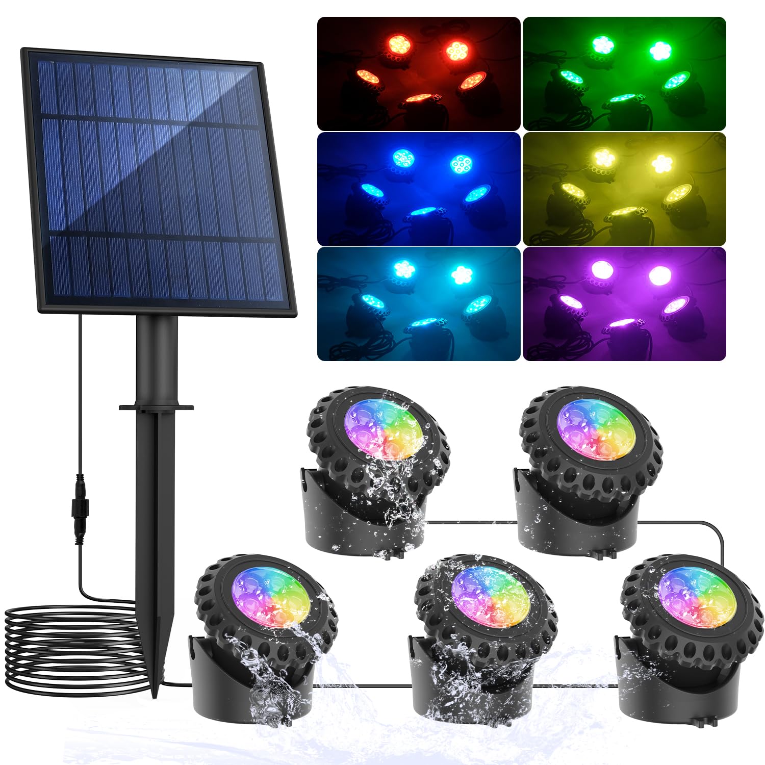 T-Sun Solar Pond Light - 5 Rgb Led Underwater Lights, Ip68 Waterproof For Garden & Aquarium