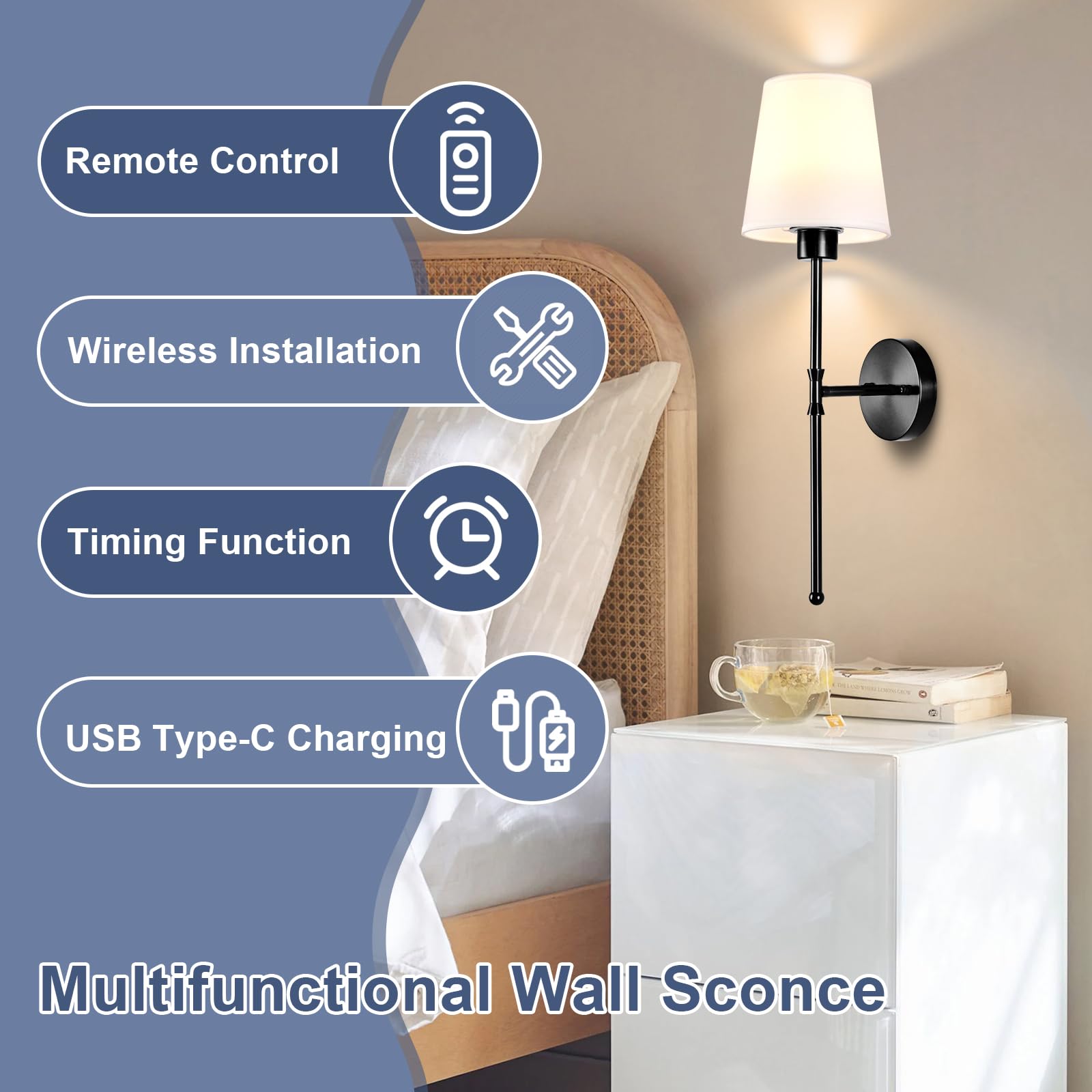Depuley Wall Sconce Set of 2, Rechargeable, Dimmable Bulb, 24 Inch, Black, E26 Base, Wireless, 15 Colors
