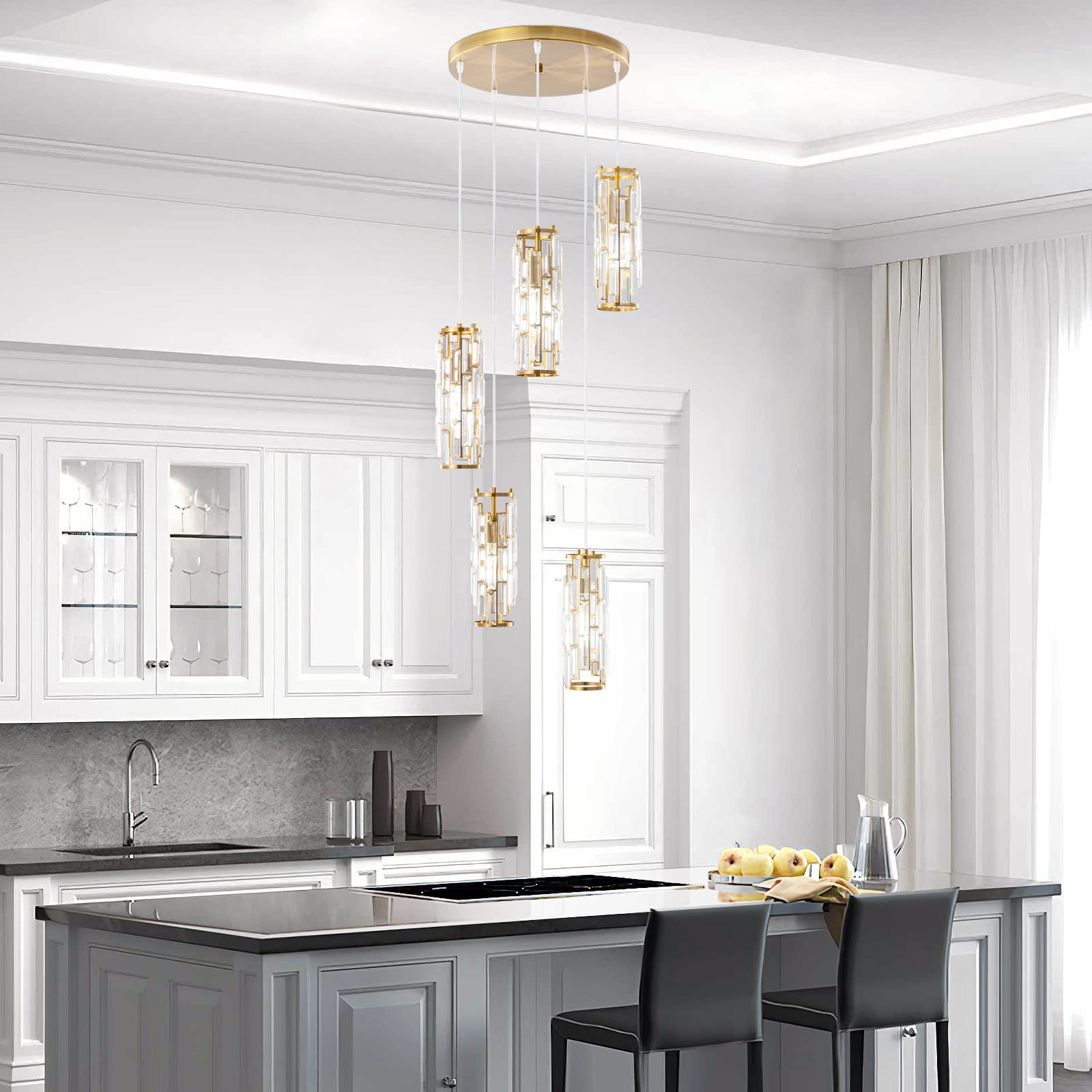 Lmqnine 5-Light Gold Pendant Light, Modern Mini Crystal Chandelier For Kitchen Island & Dining Room