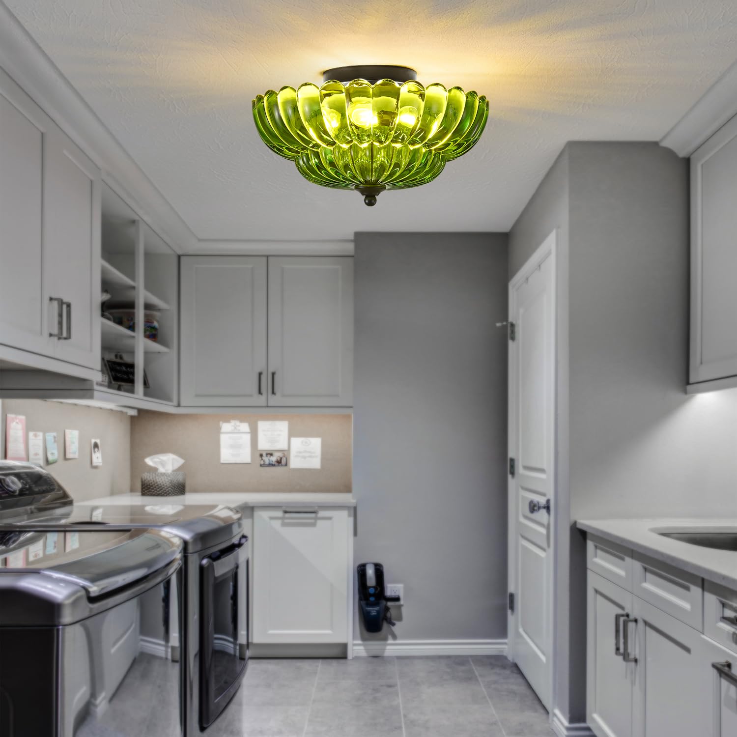 Modern Black Ceiling Light Fixture, 12'' Green Glass Flush Mount Chandeliers, Semi Flush Mount Ceiling Light Fixture Suitable Fo