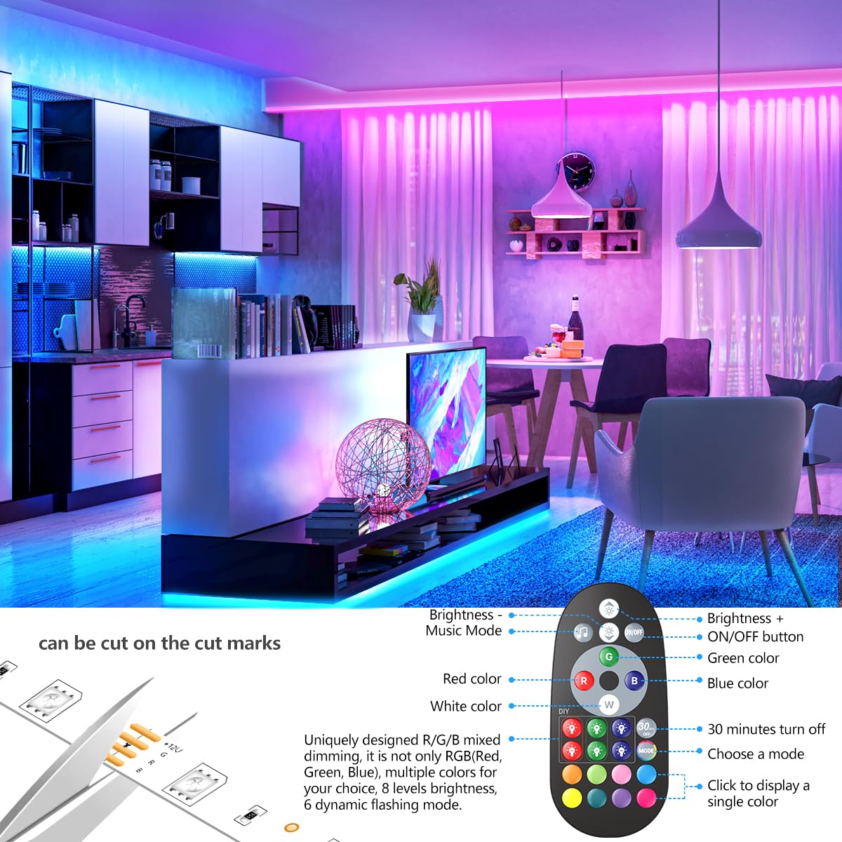 Nexillumi Led Lights For Bedroom 100Ft Music Sync Color Changing Led Strip Lights Smart With Remote And App Control Built-In Mic
