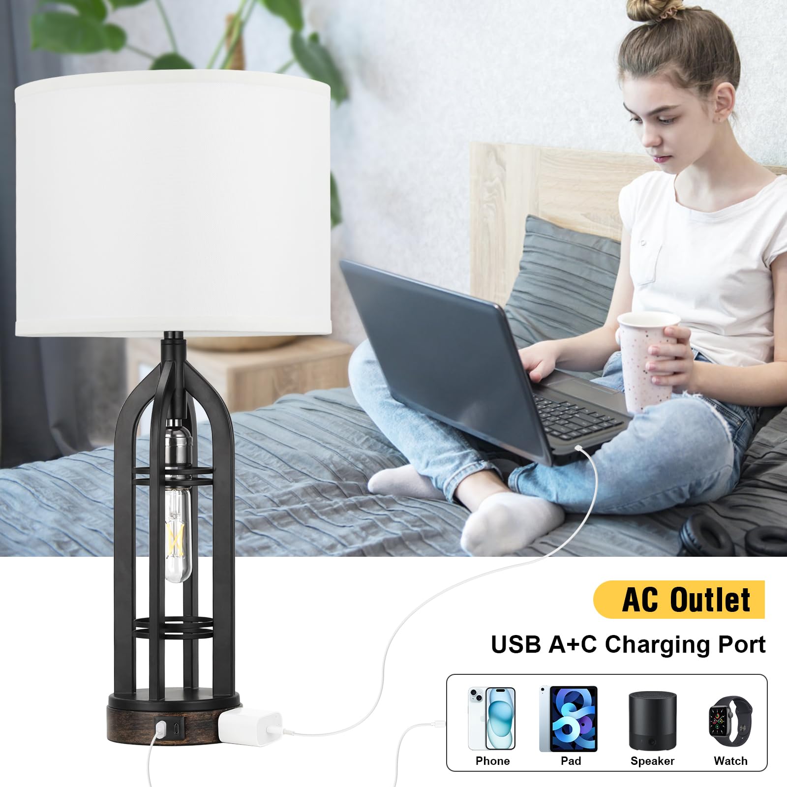 Seealle Table Lamp Set of 2 - 3-Way Dimmable Touch Lamps with USB C+A & Outlet, White Shade & Black Body, Model 09162