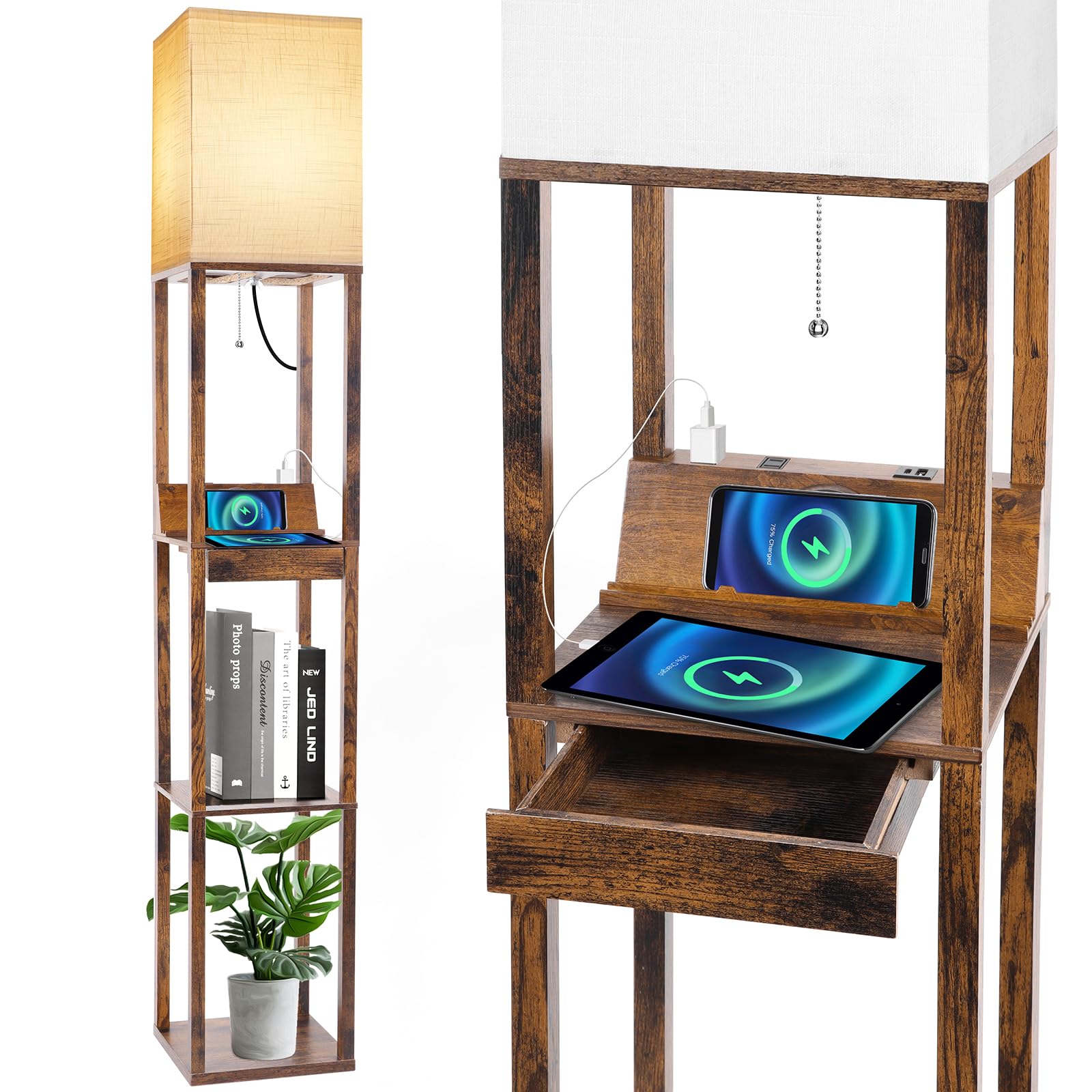 RUNTOP Floor Lamp with Shelves, Shelf Floor Lamp with Wireless Charger & 2 Charging USB Ports & Drawer, AC Outlet, 3 Color Tempe