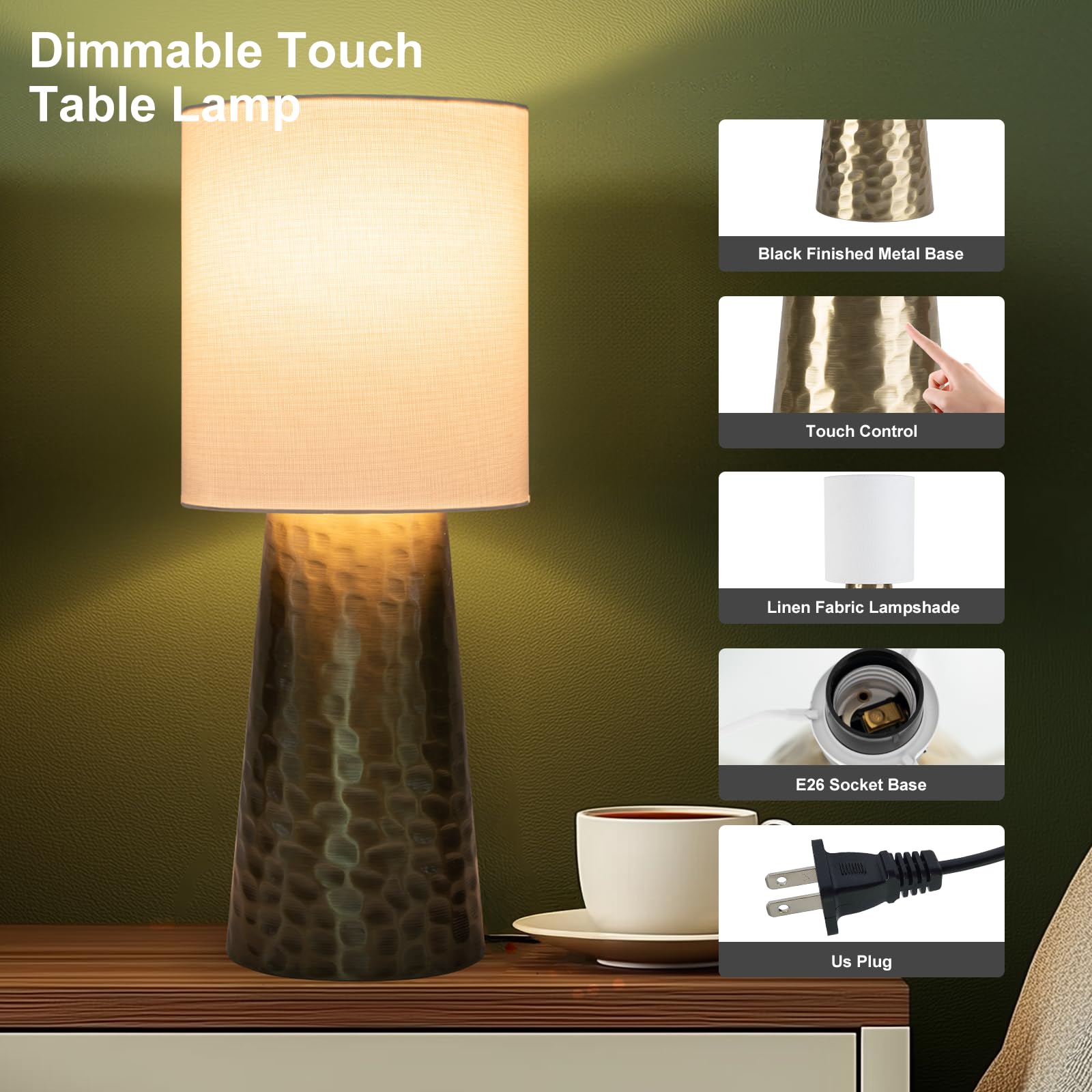 Qingjiamen Touch Control Table Lamp, 13in Small Mid Century Modern, Bronze Cylinder, Metal, Linen Shade, Model AT4101