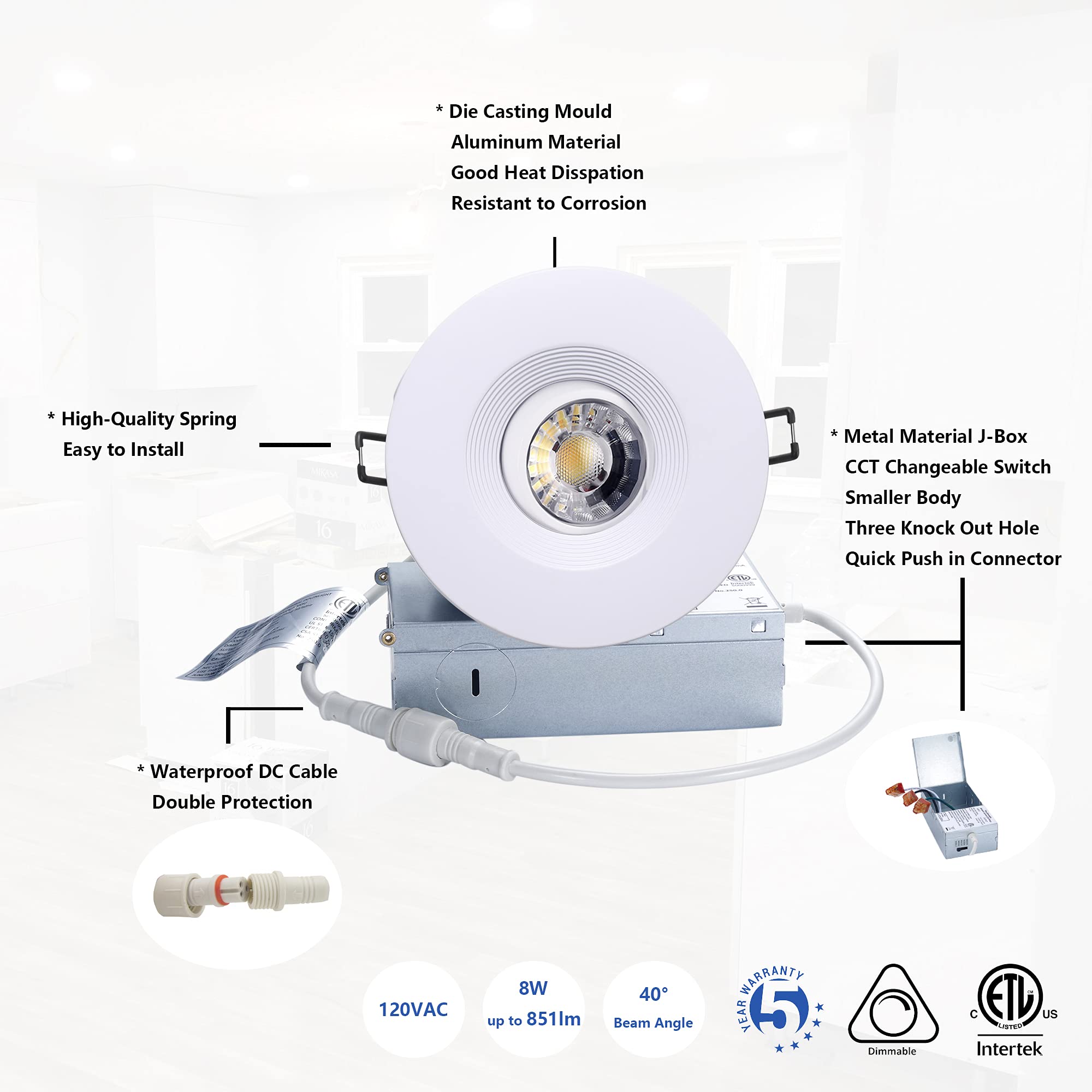 POPANU Canless Recessed Gimbal Downlight 4 Inch Dimmable LED Spotlight, White Aluminum, Model EW34CG-4WHRN