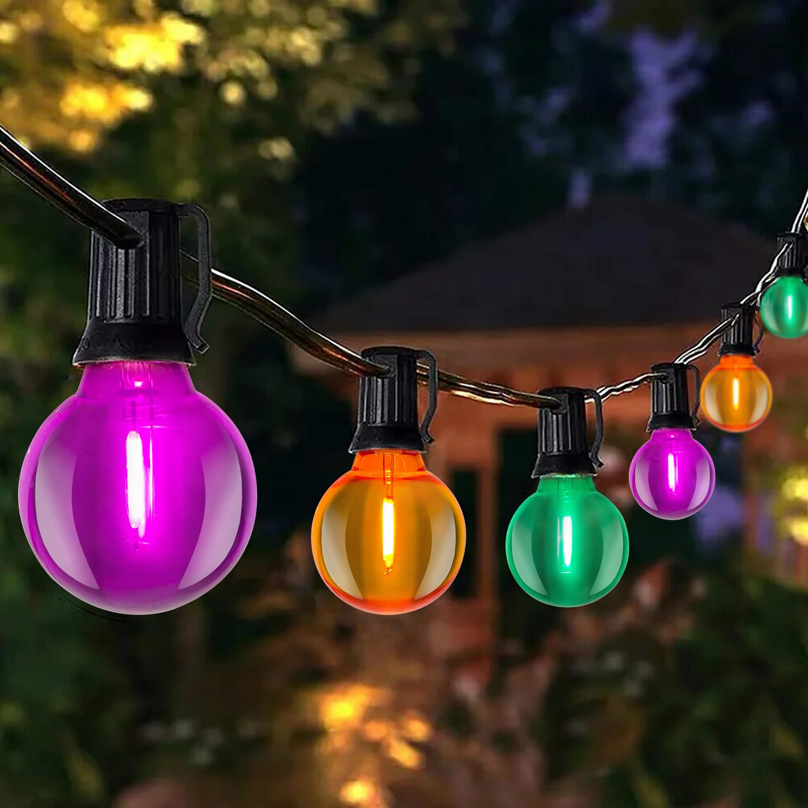GOOTHY LED Outdoor String Lights 25Ft, 27 Shatterproof Globe Bulbs, Orange/Purple/Green Halloween Decorations