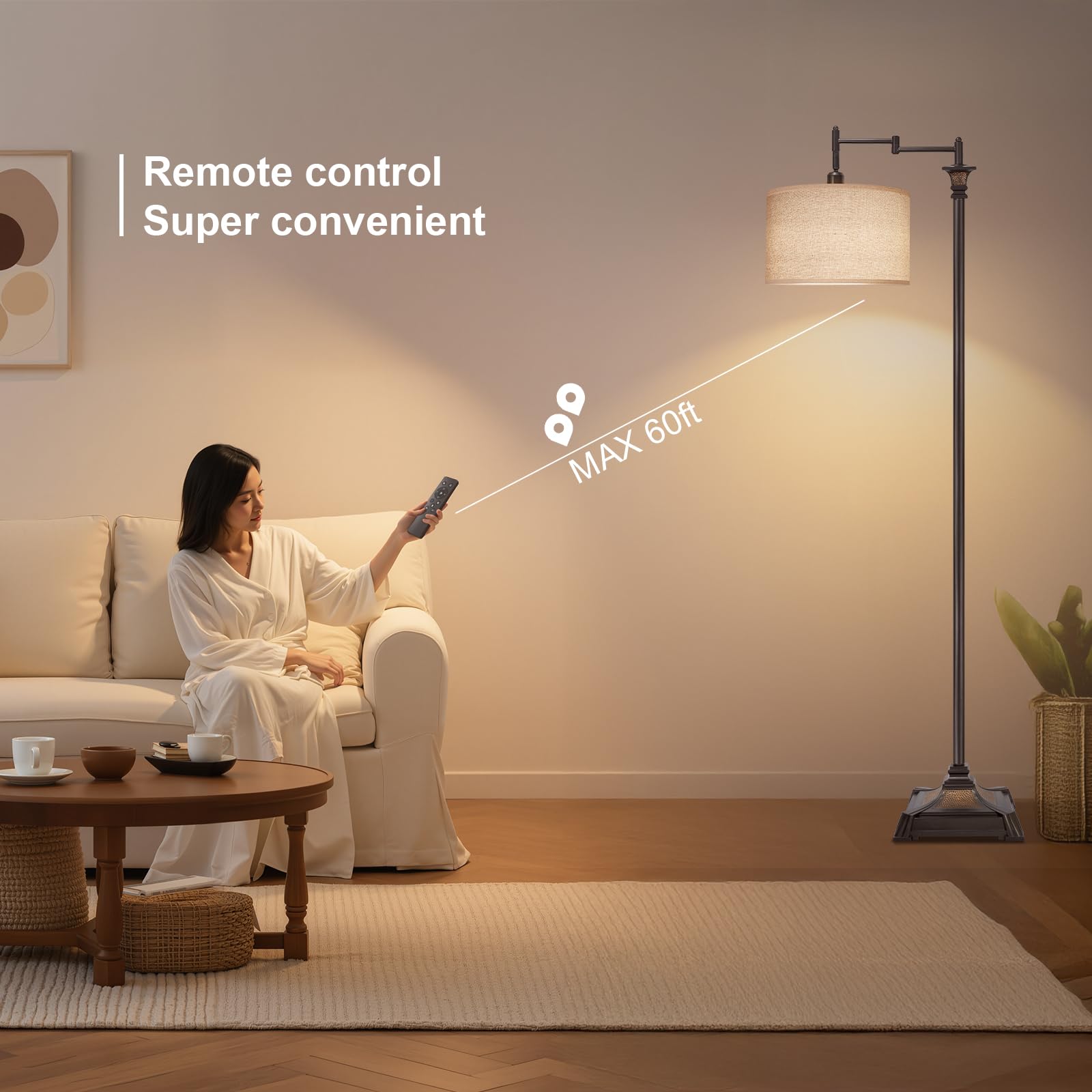 Scenekoy Vintage 68" Tall Smart LED Floor Lamp, Dark Brown, Adjustable Swing Arm, Remote Control, Model SL036 for Living Room/Bedroom