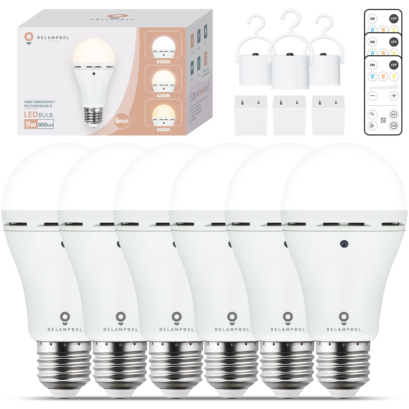 Relampbol 6 Pack Omni Rechargeable Emergency Light Bulbs With Remote, Battery Powered Wireless 3 Color Shift Dimmable A19 Up To 