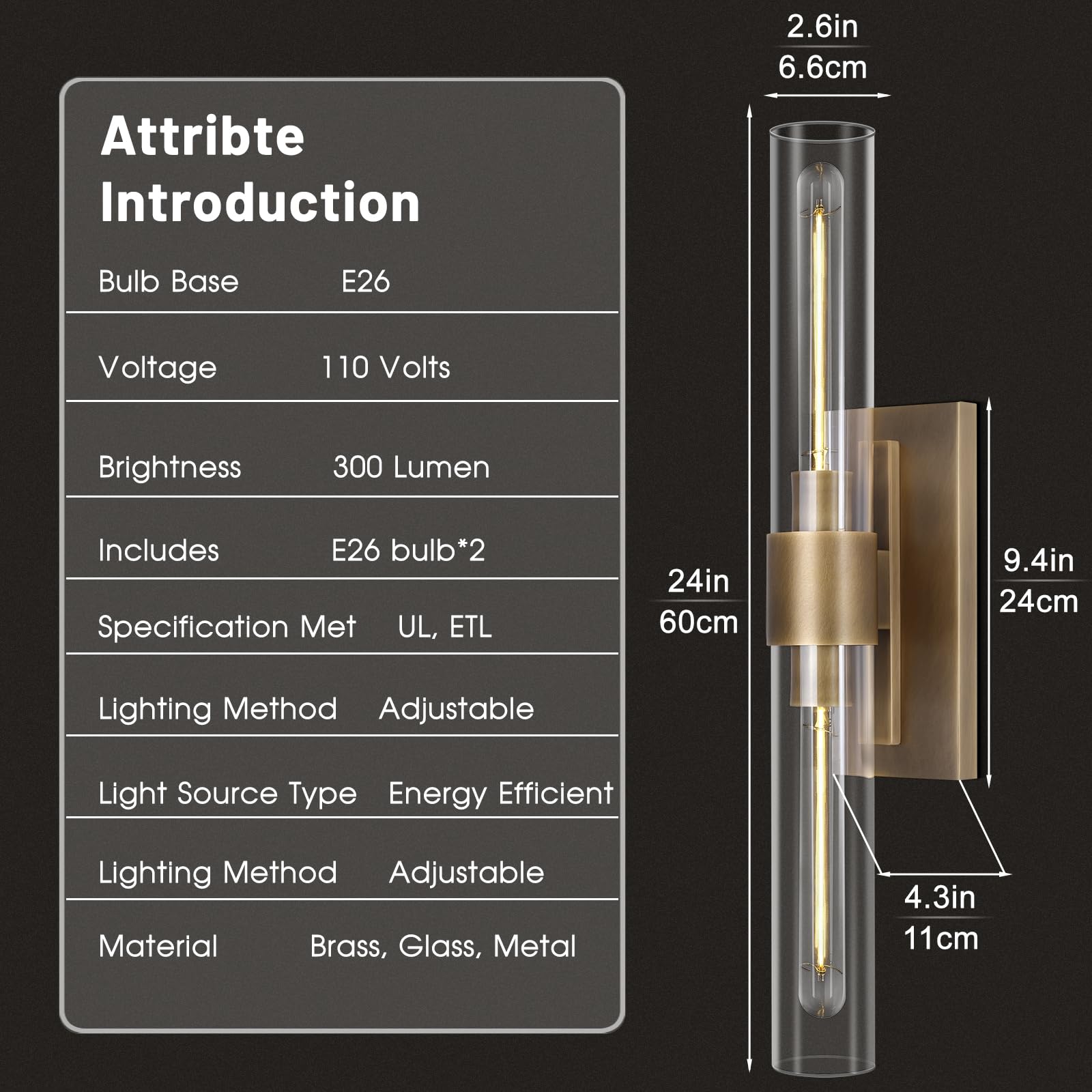 Zhtiechui Brass Bathroom Vanity Wall Sconces, 2-Light Glass Tube Wall Sconces, 24 Inch Horizontal Or Vertical Linear Wall Sconce