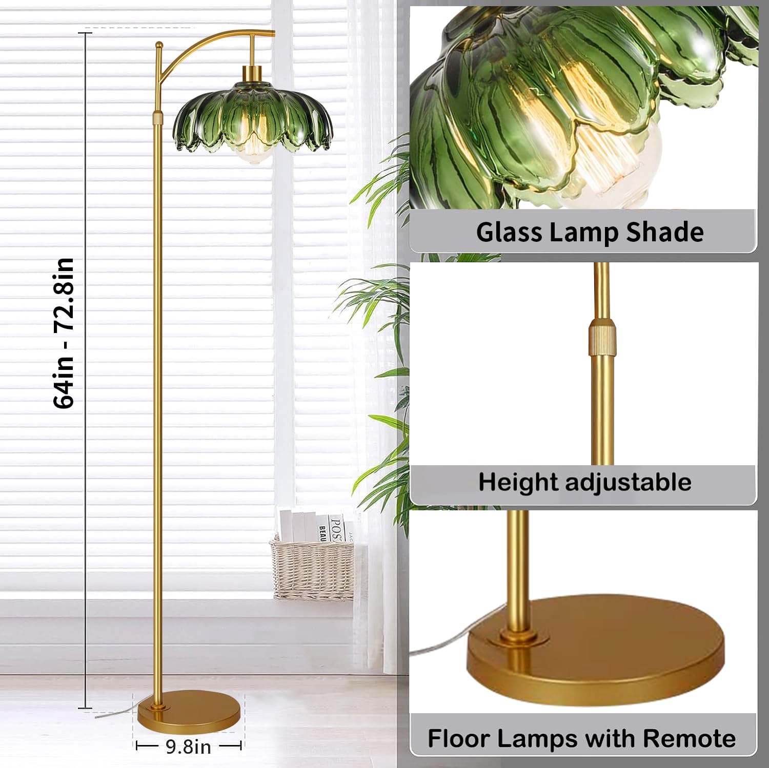 ZECOXOL Gold Arc Floor Lamp with Remote Control, 3 Color Temperatures, Dimmable Rattan Shades, 12.2 inch Tall for Living Room & Bedroom