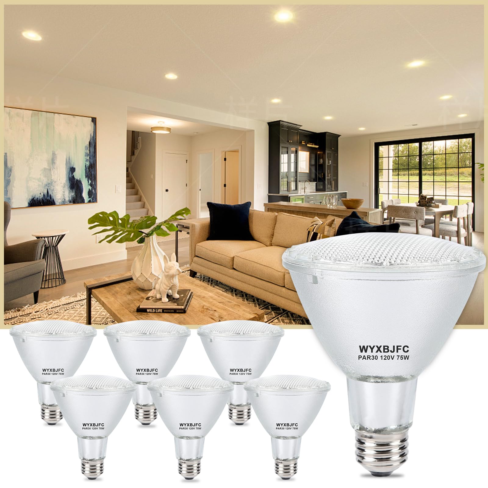 WYXBJFC Par30 Halogen Light Bulbs, 75W, 3000K Warm White, Dimmable, E26 Medium Base, 6 Pack