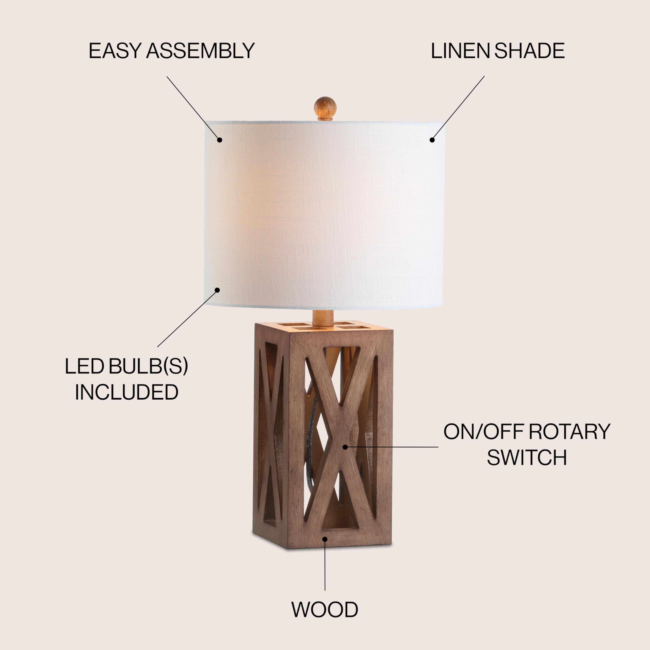 JONATHAN Y Wood LED Table Lamp, 21.5in Industrial Rustic Design, Brown, Model JYL1062A, Suitable for Bedroom or Office