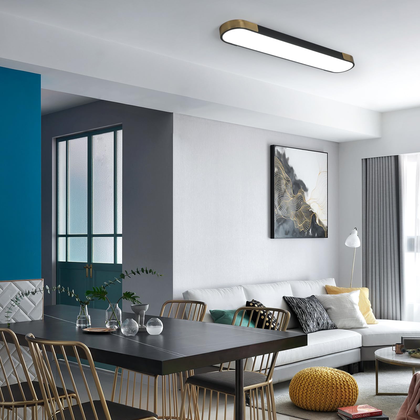 Qcyuui Kitchen Lighting Fixtures Ceiling 39.4 Inch Dimmable Modern Led Ceiling Light Black And Gold Long Linear Ceiling Light Fixture For Office Bedroom Kitchen Hallway (48W/3000-6500K)