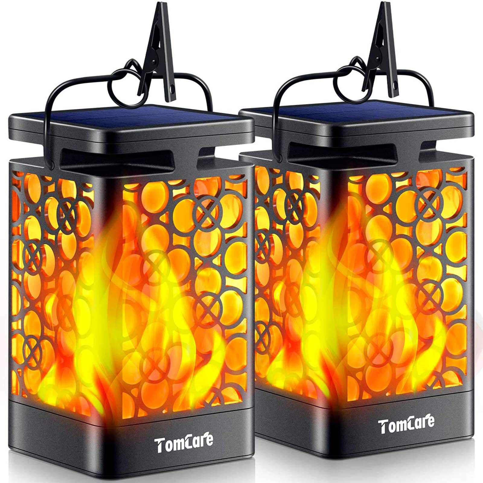 TomCare Solar Lanterns - Waterproof Flickering Flame LED Lights, 2 Pack, Black, Model SZ-19025