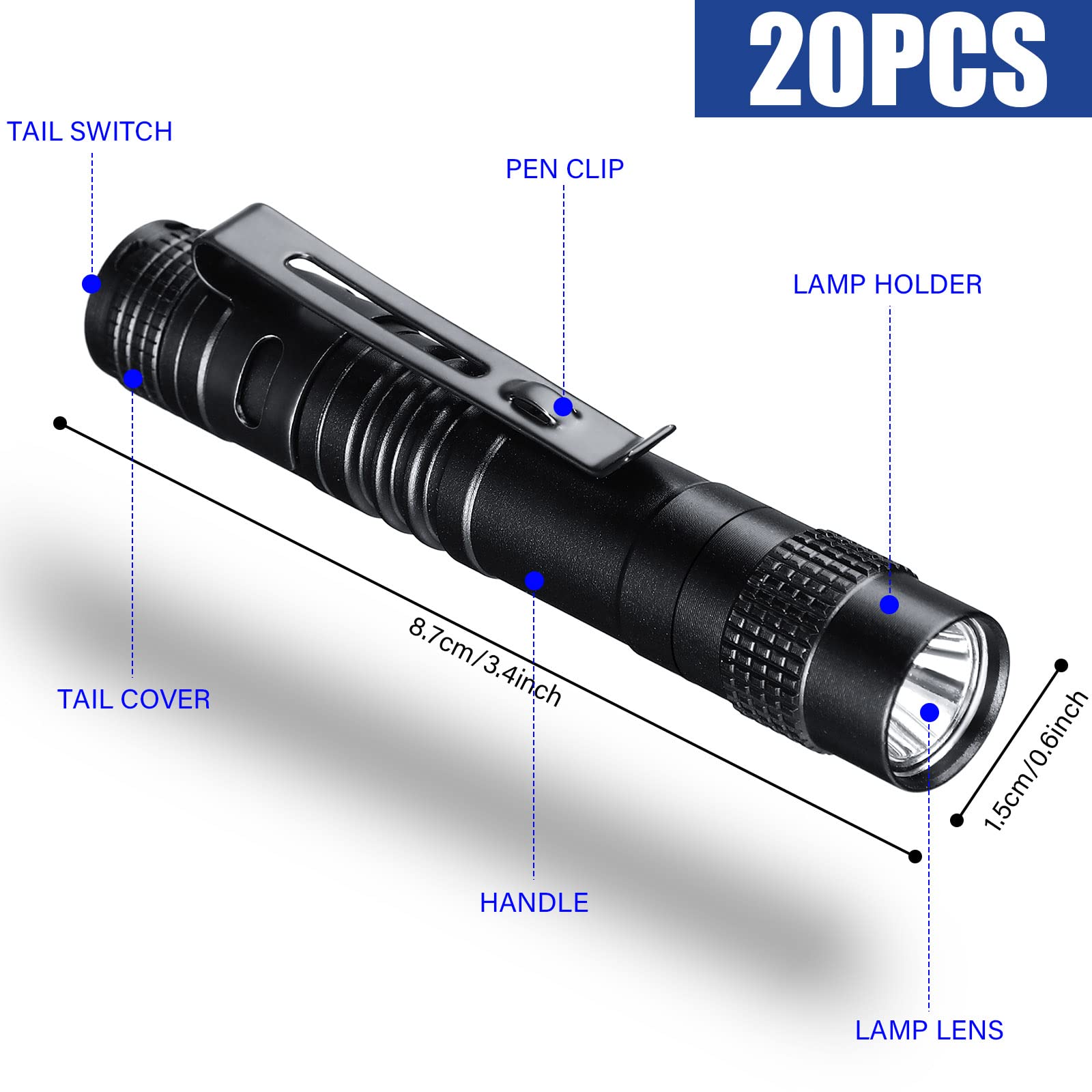 Hortsun Mini Pen Light Flashlights - 20 Pcs Led Pocket Torches, 3.54&quot; Black, Clip Included