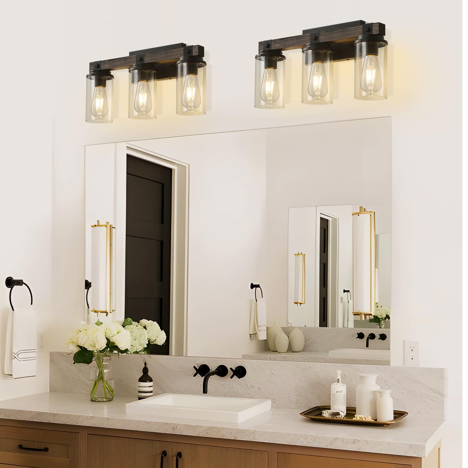 Goyeel 3-Light Bathroom Vanity Light, Rustic Wooden Farmhouse Sconces For Mirror, Matte Black