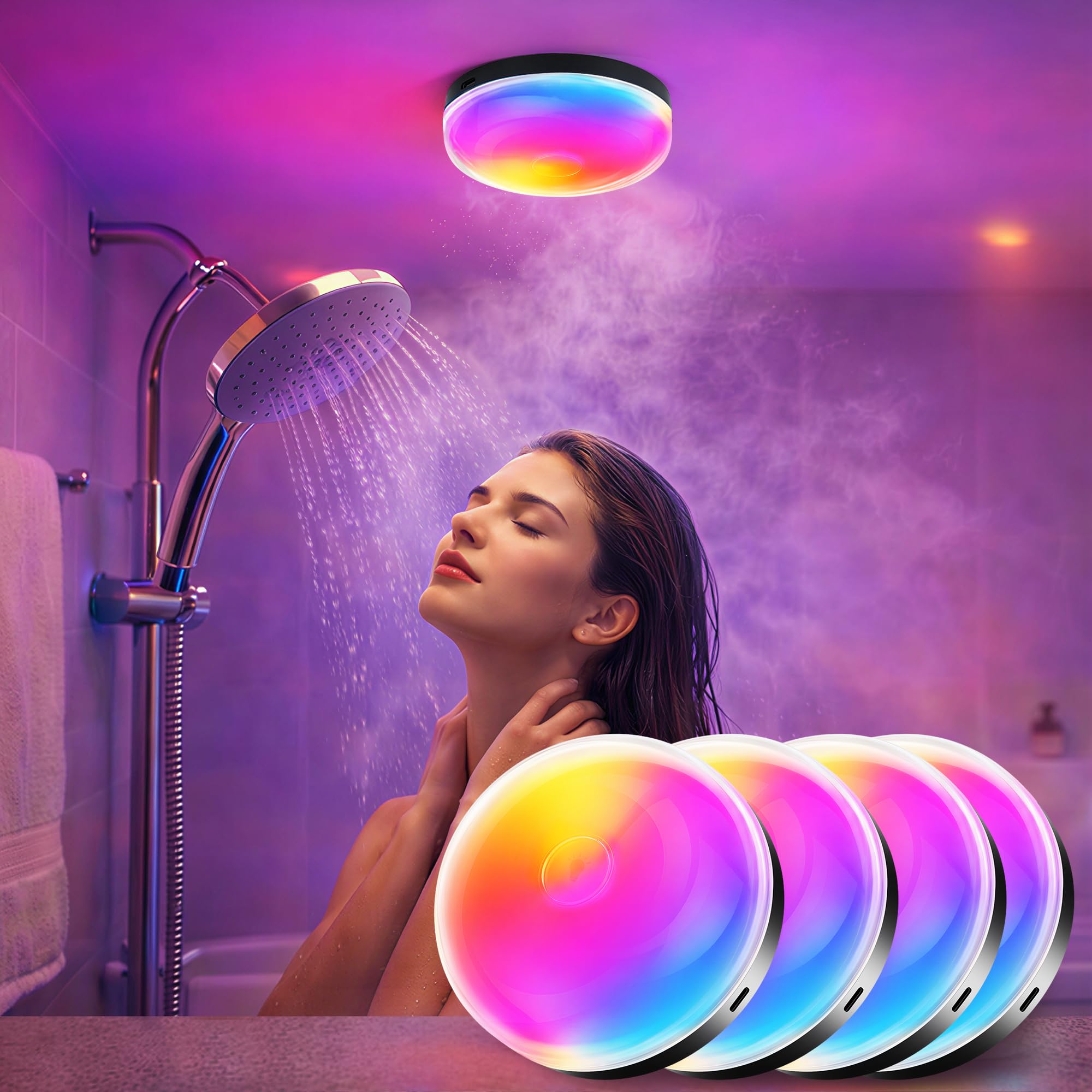 Loscarol 4 Pack Waterproof Shower Lights, Rechargeable Dimmable Shower Lamp, 15 RGB Colors, Remote Control Touch, Magnetic Wirel