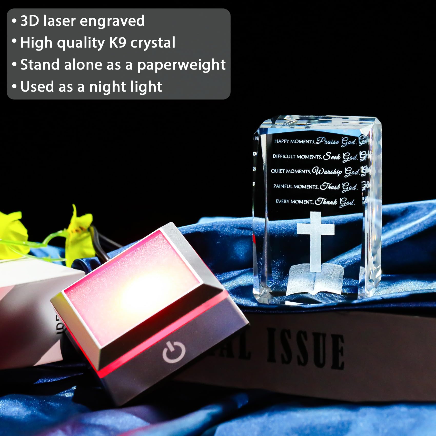 Movdyka 3D Crystal Bible Verse Night Light Gift - Inspirational Keepsake with LED, Model 558, Color: Happy Moment