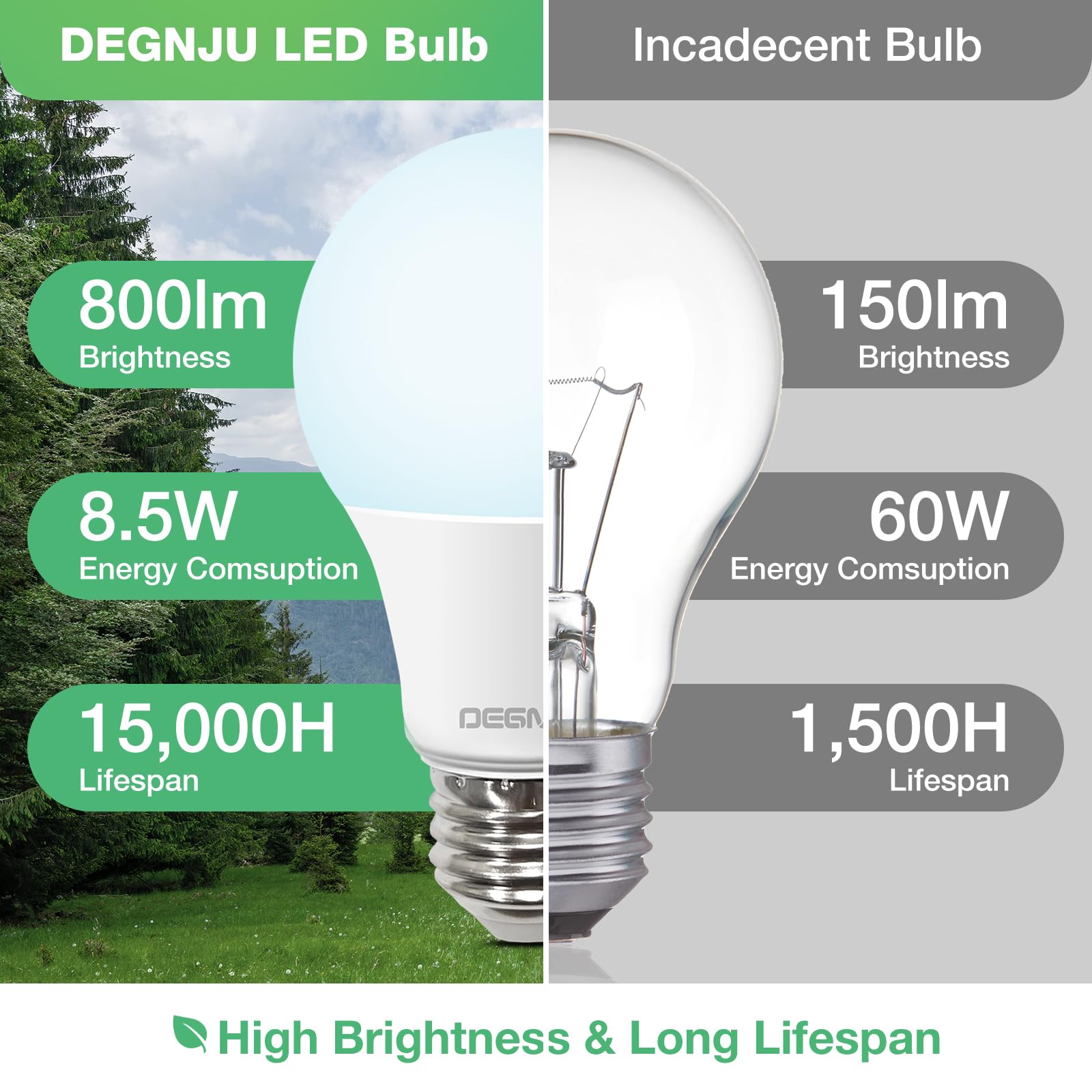 DEGNJU LED Light Bulbs A19 60W Equivalent 800 LM Daylight 5000K E26 Non-Dimmable 8W 24 Pack