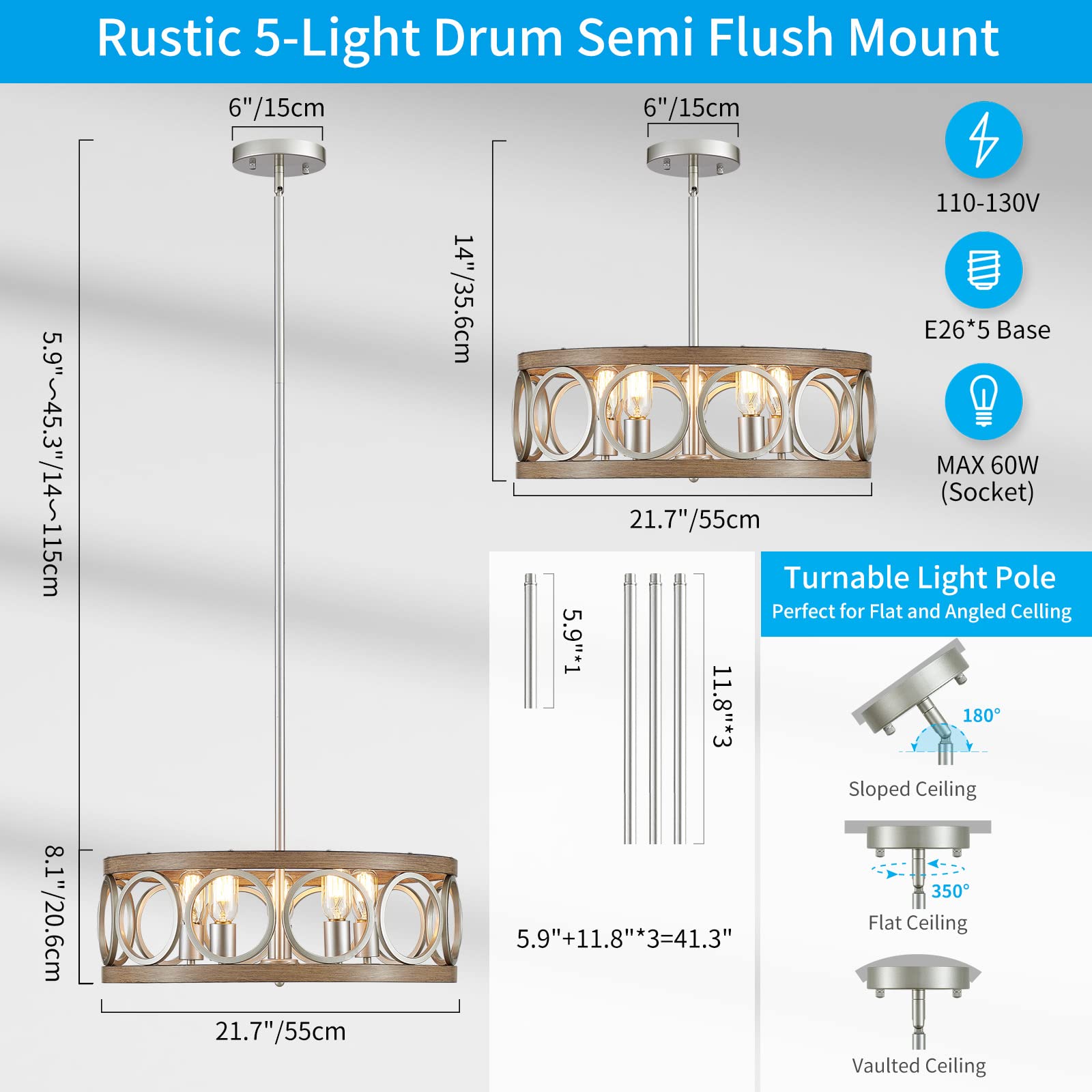 Xingqi Rustic Chandelier Brushed Nickel, Drum Chandeliers For Dining Room Modern Light Fixture Over Table Farmhouse Metal Wood Grain Pendant 5 Lights