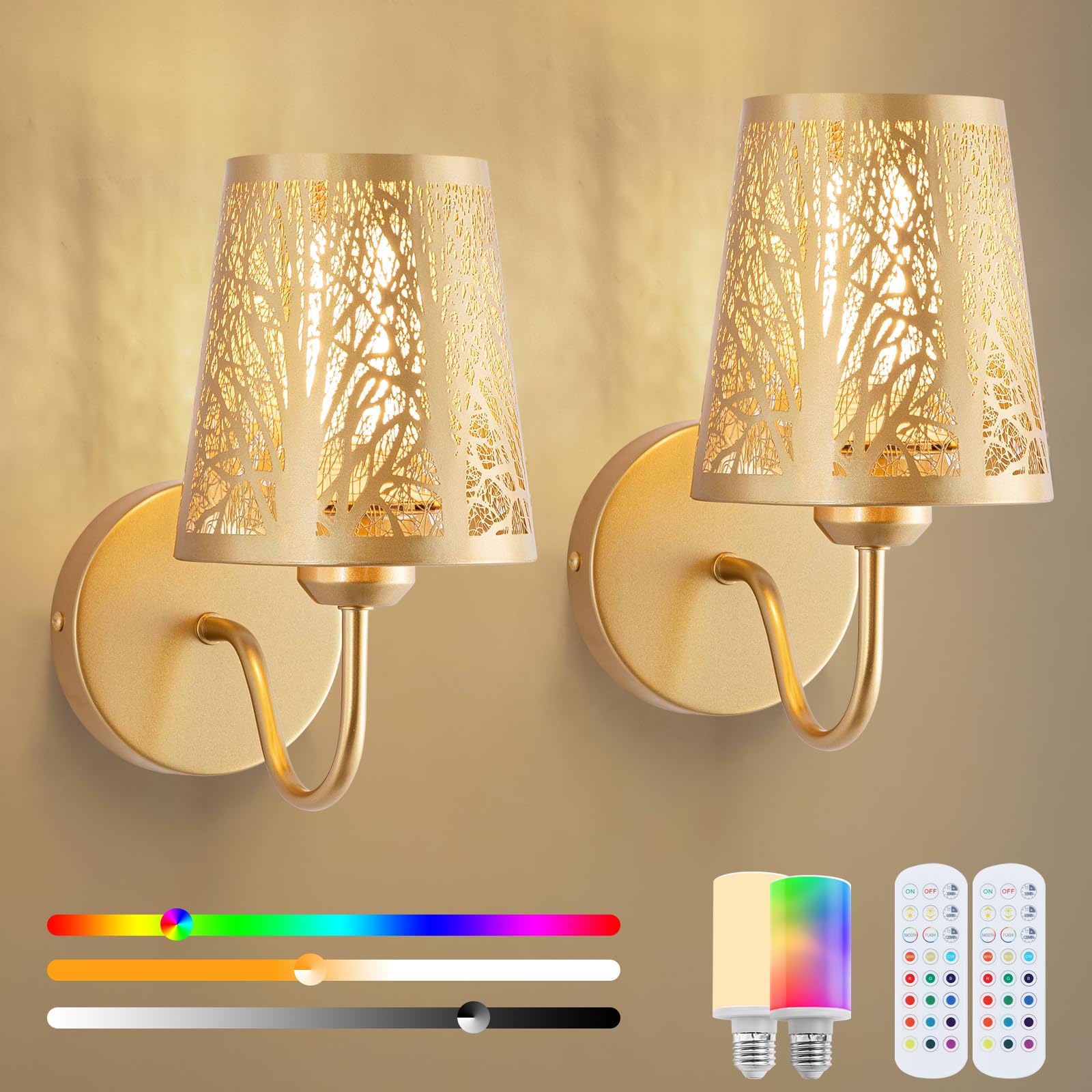 EIDEARAY Wireless Wall Sconce  Battery Operated Wall Sconce Set of 2  Not Hardwired Wall Lights with Metal Shade  Gold Rechargeable RGB Wall Lights with Remote for Living Room Corridor Bedroom etc