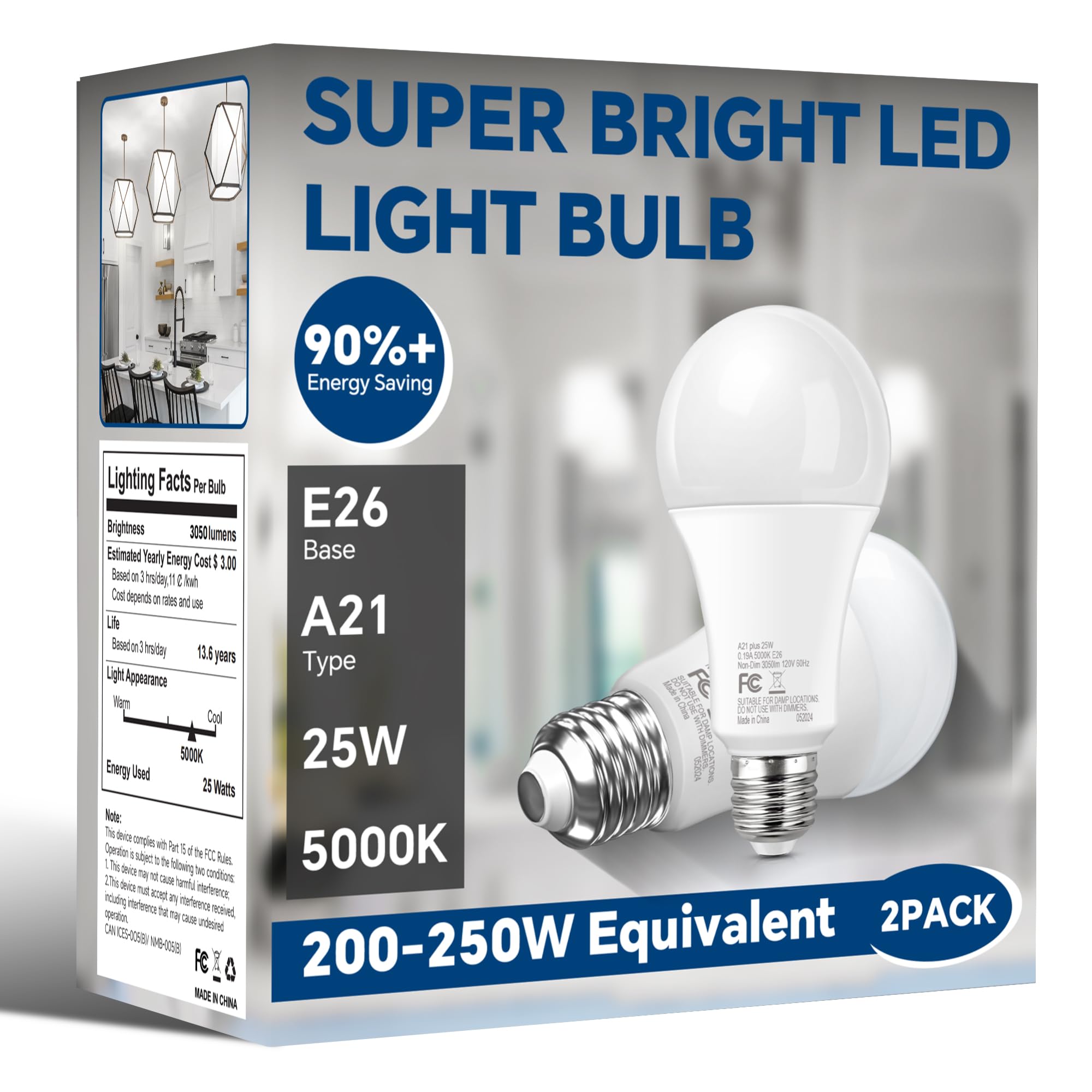 Nouscan 200W Equivalent Led Light Bulb, 3050Lm Super Bright A21 Led Bulb, Daylight 5000K, 25W Energy Saving, E26 Medium Base, 12