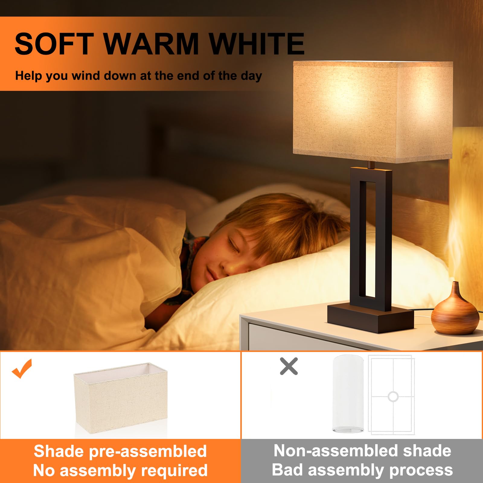 Seealle Bedroom Lamps - Touch Control, 3-Way Dimmable, USB Charging, Medium (19.6in), Beige & Black