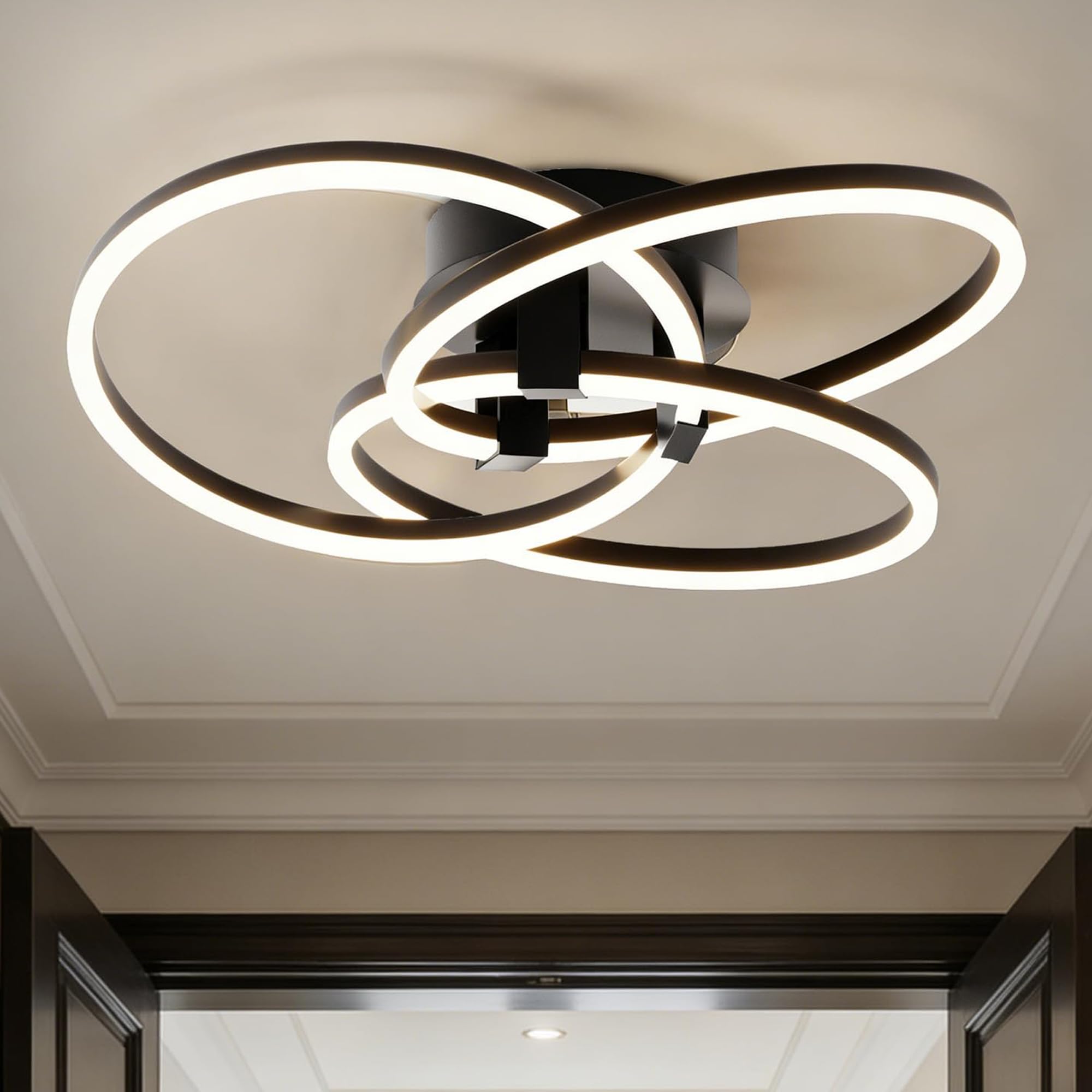 Maxax 3 Ring LED Ceiling Light Fixture, 23W * 7.5H, Circle Modern Semi Flush Mount Chandelier, AL Alloy Frame, 45W Dimmable, ETL