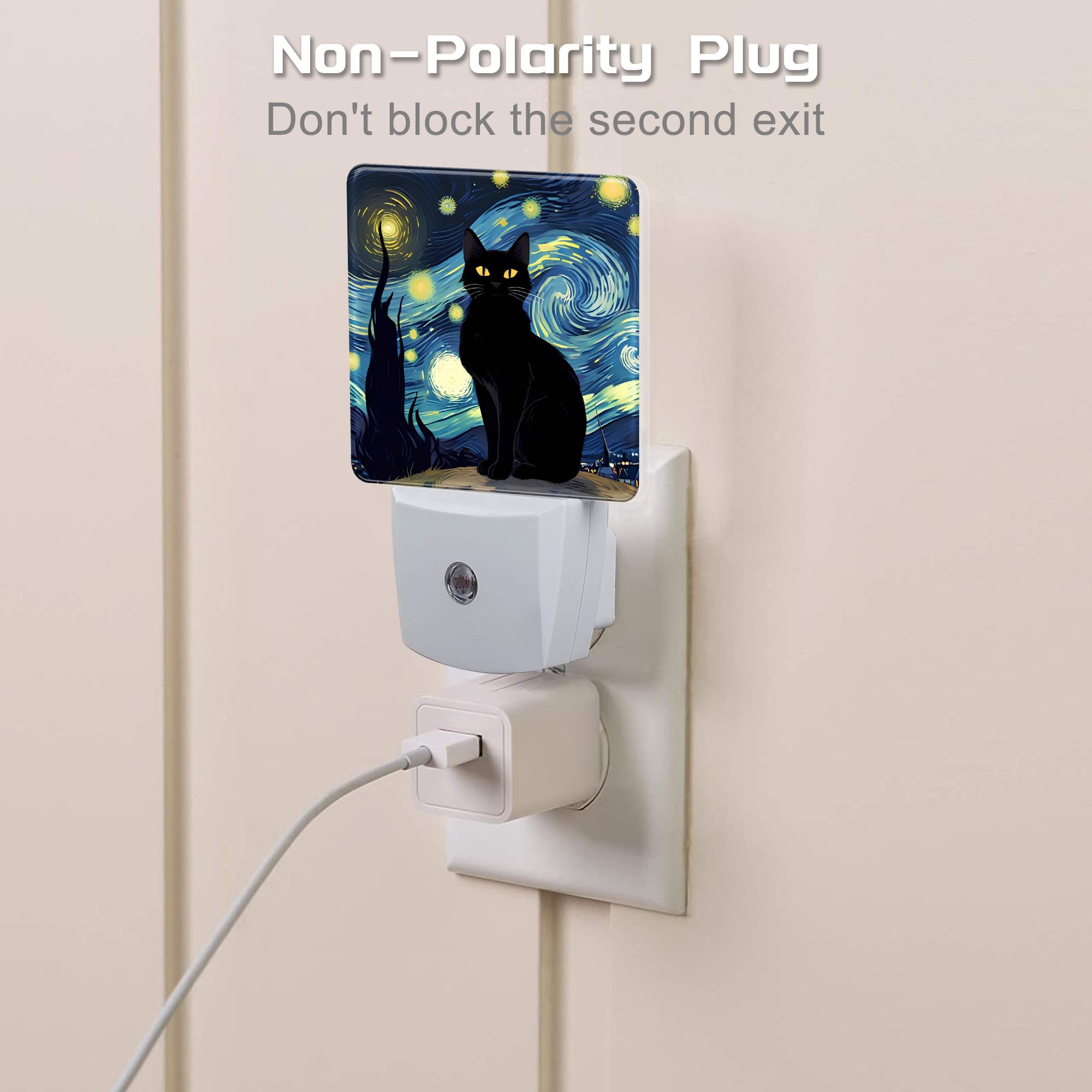 Sndheke Starry Night Black Cat Night Light Plug Into Wall, Von Gogh Oil Painting Dusk To Dawn Night Light Plug In,0.5W Energy Sa