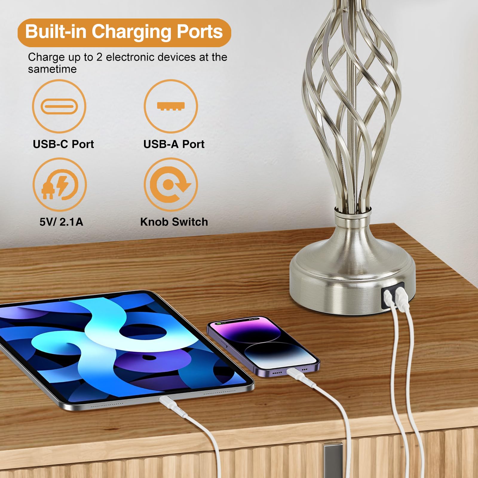EJIAXIN Modern Table Lamp Set of 2 with USB Ports, Silver Base, White Shade, Includes 2 LED Bulbs, Model 108
