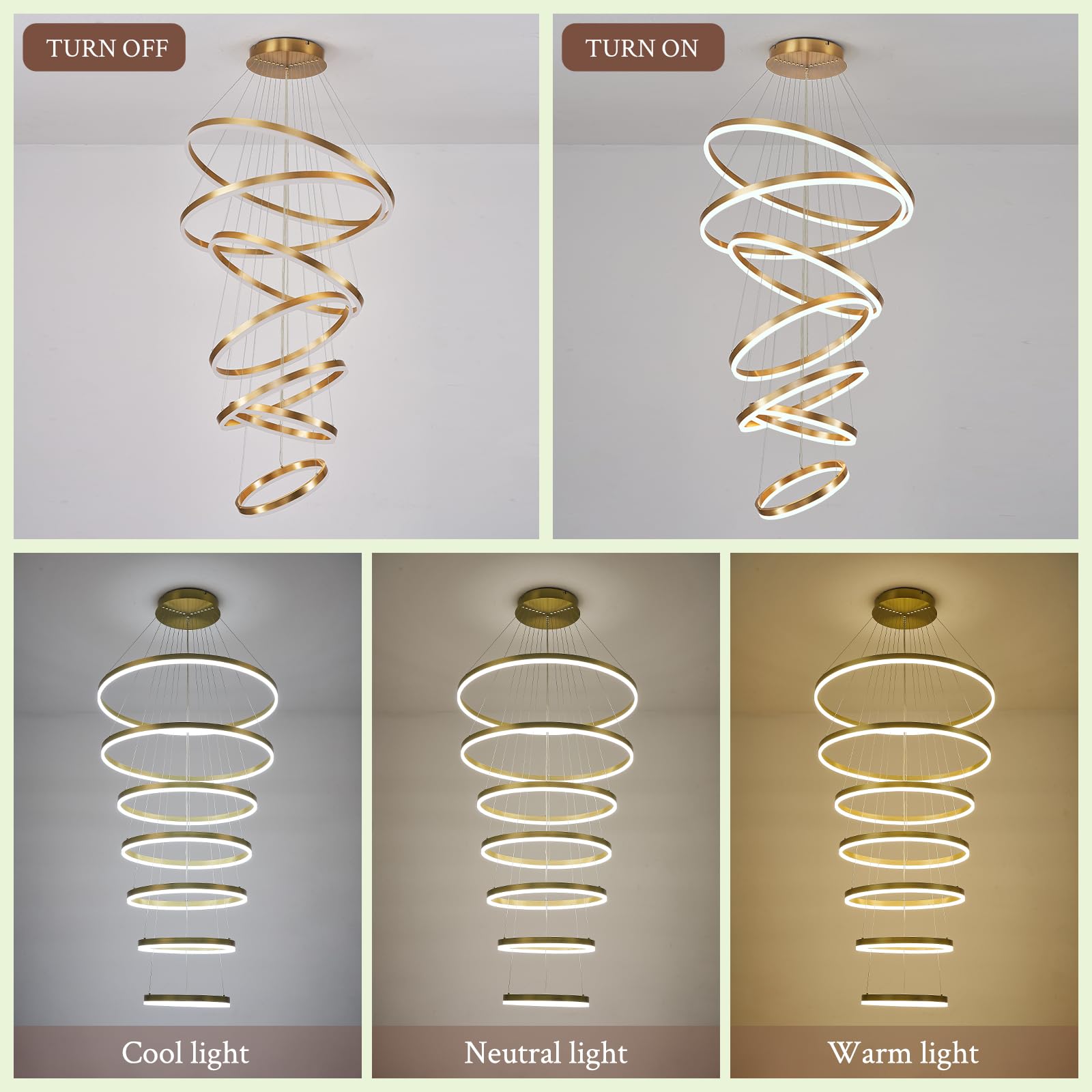 Sparklelf Modern LED Chandelier, 7 Rings 31.5in, Gold, Dimmable, Remote Control, 3000K-6500K for Staircase, Entryway,