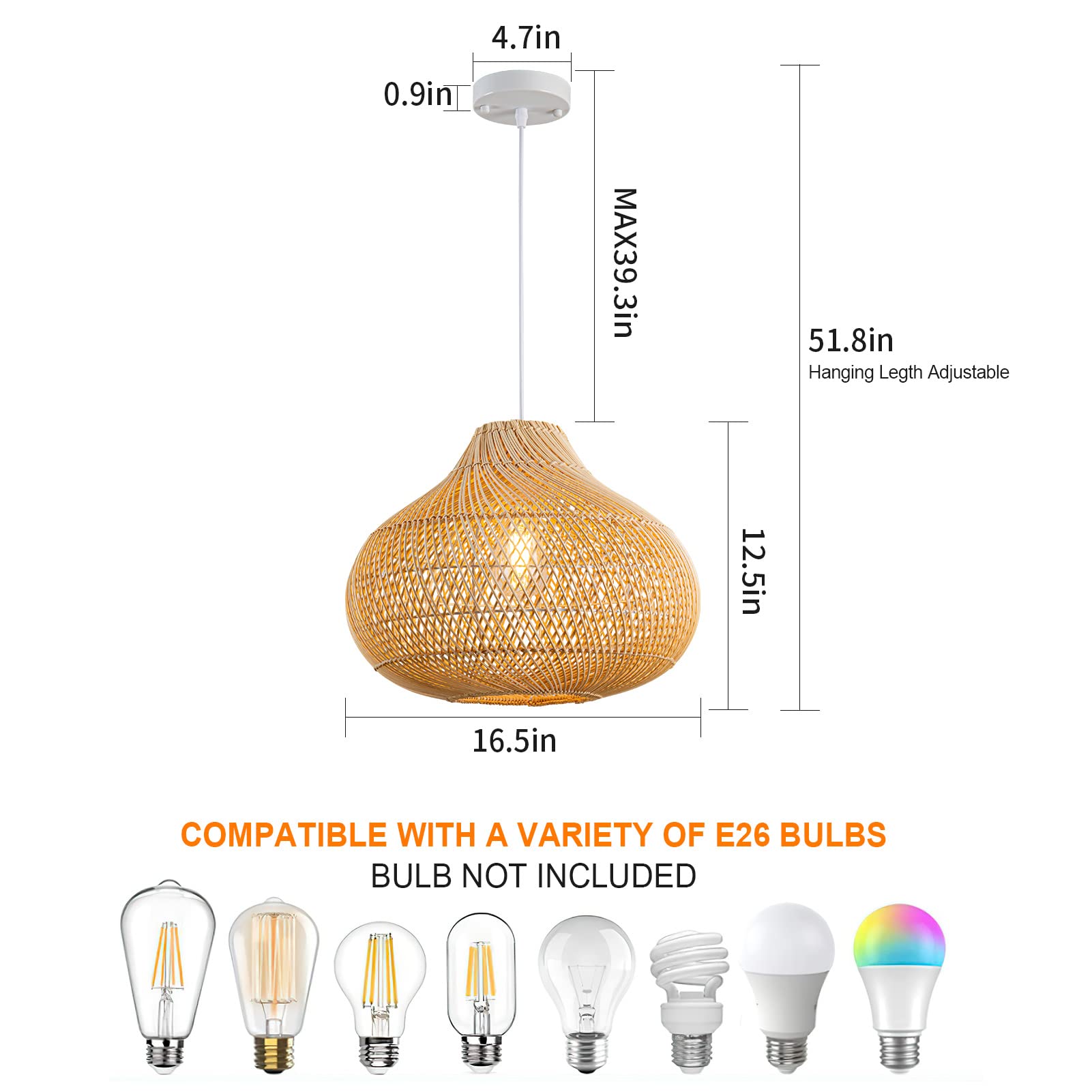 Karjearl Rattan Pendant Light - Boho Wicker Chandelier For Dining Room & Kitchen Island, Raindrop Light